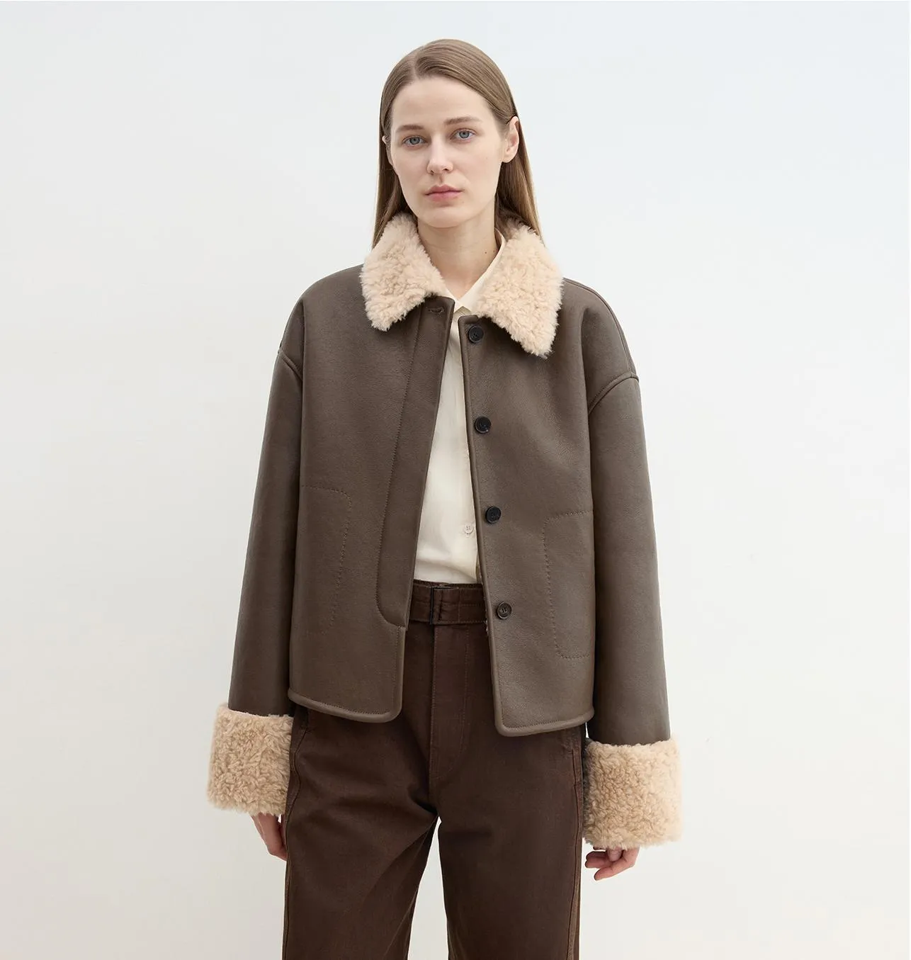 "Slightly Sweet Latte Second Generation" Furry Lapel Wool Artificial Compound Leather Casual Straight Shearling Jacket