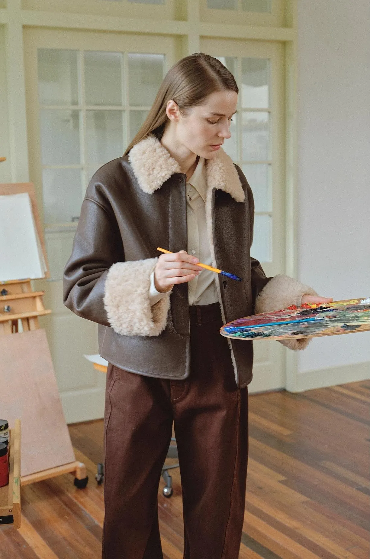 "Slightly Sweet Latte Second Generation" Furry Lapel Wool Artificial Compound Leather Casual Straight Shearling Jacket