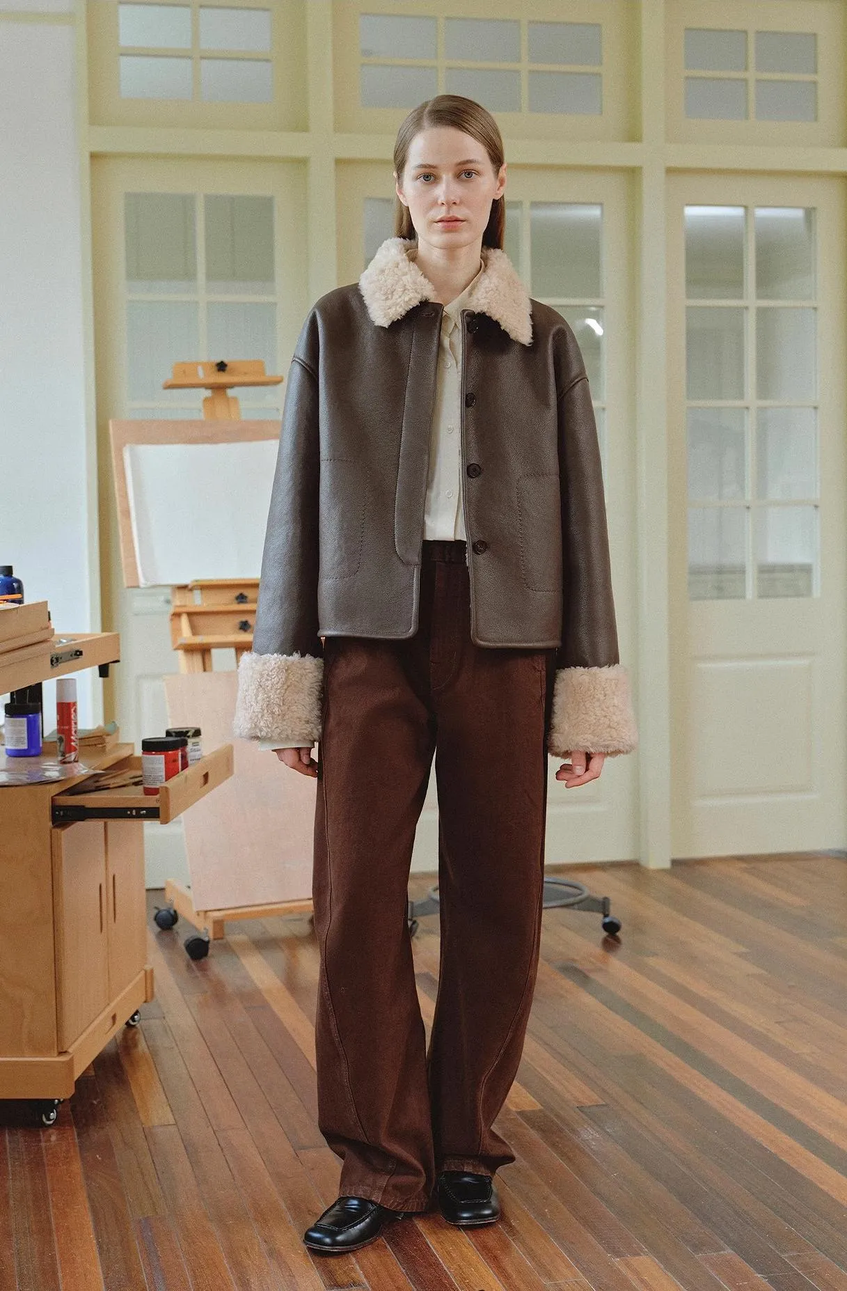 "Slightly Sweet Latte Second Generation" Furry Lapel Wool Artificial Compound Leather Casual Straight Shearling Jacket