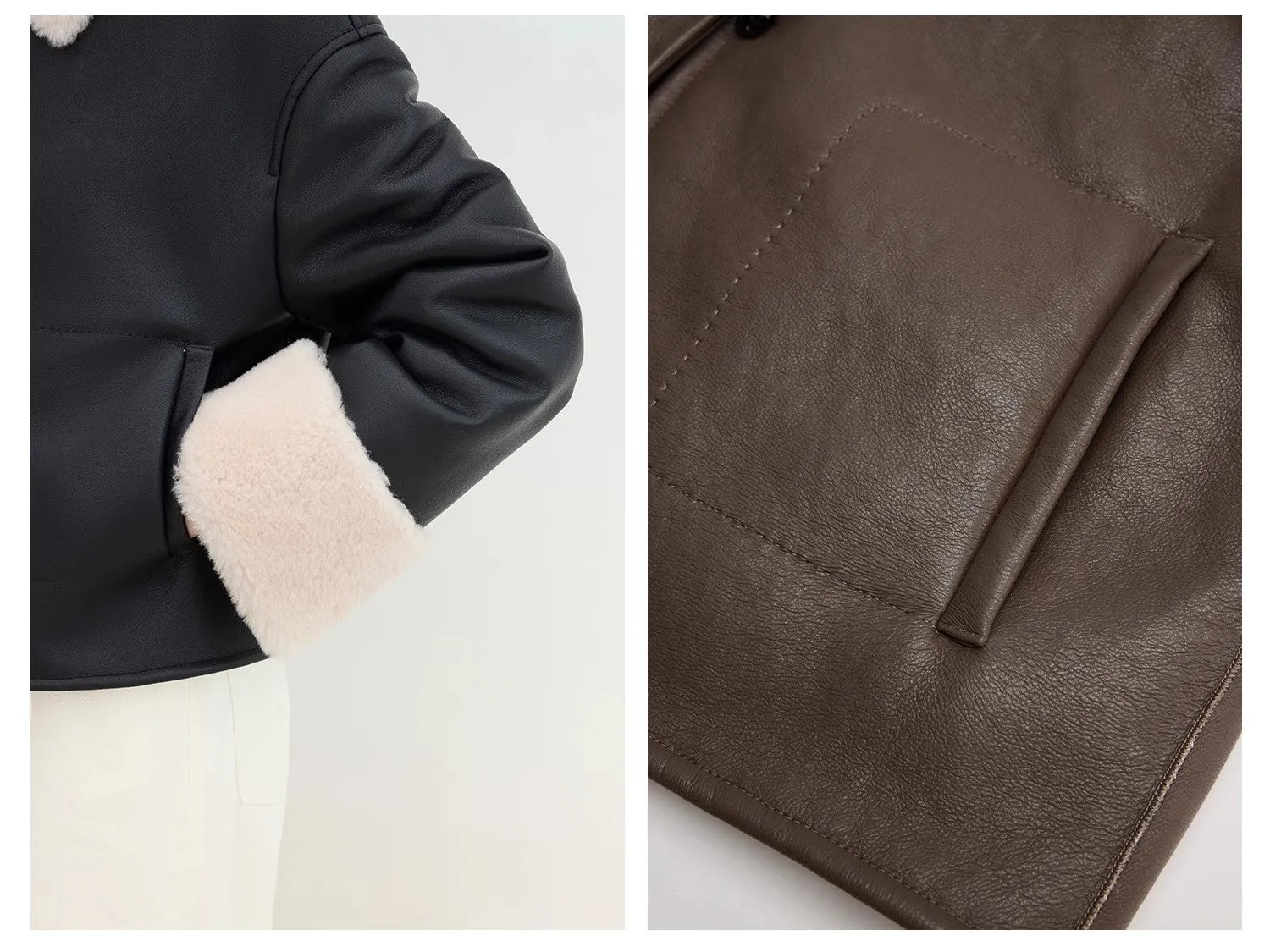 "Slightly Sweet Latte Second Generation" Furry Lapel Wool Artificial Compound Leather Casual Straight Shearling Jacket