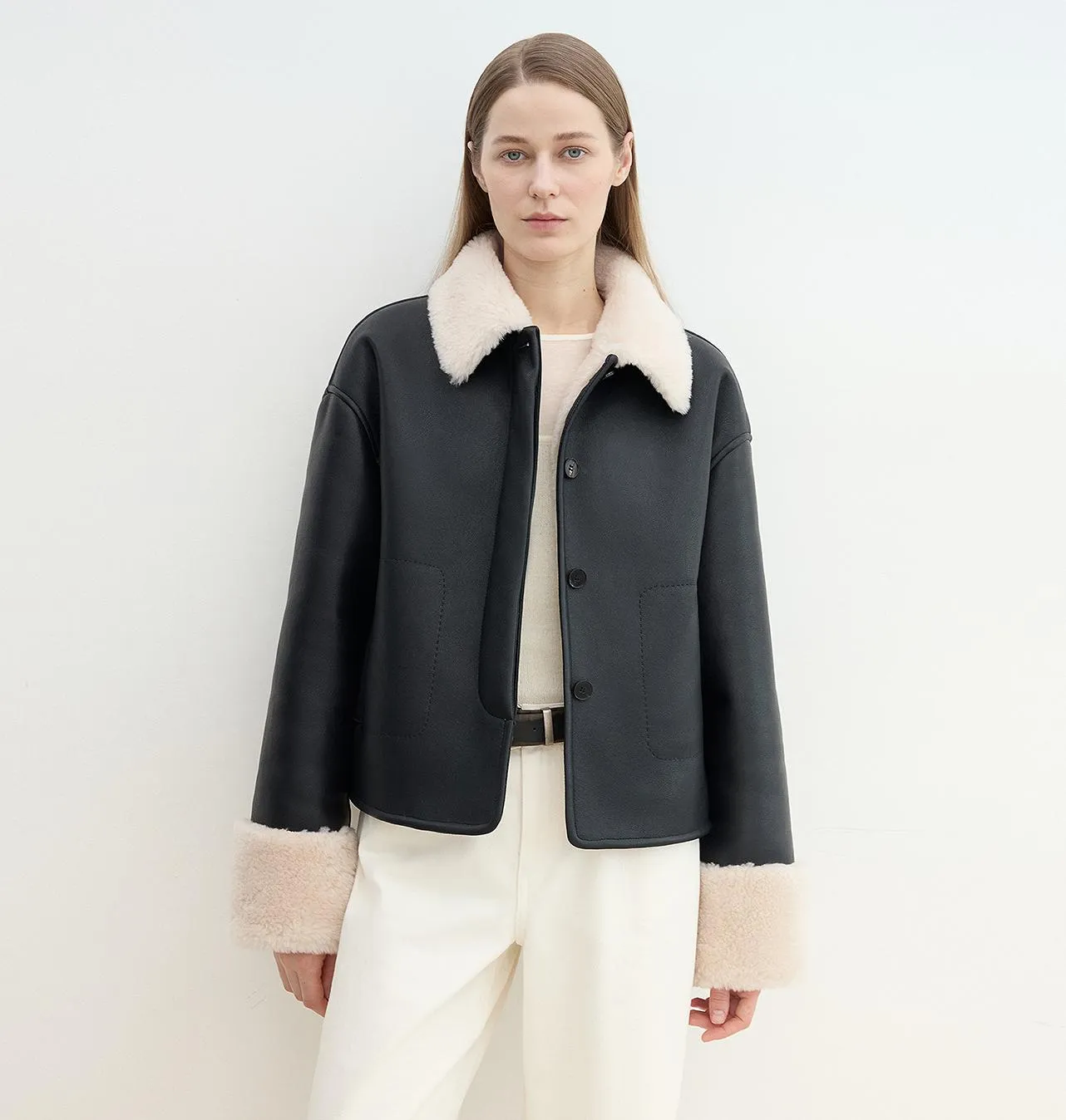 "Slightly Sweet Latte Second Generation" Furry Lapel Wool Artificial Compound Leather Casual Straight Shearling Jacket
