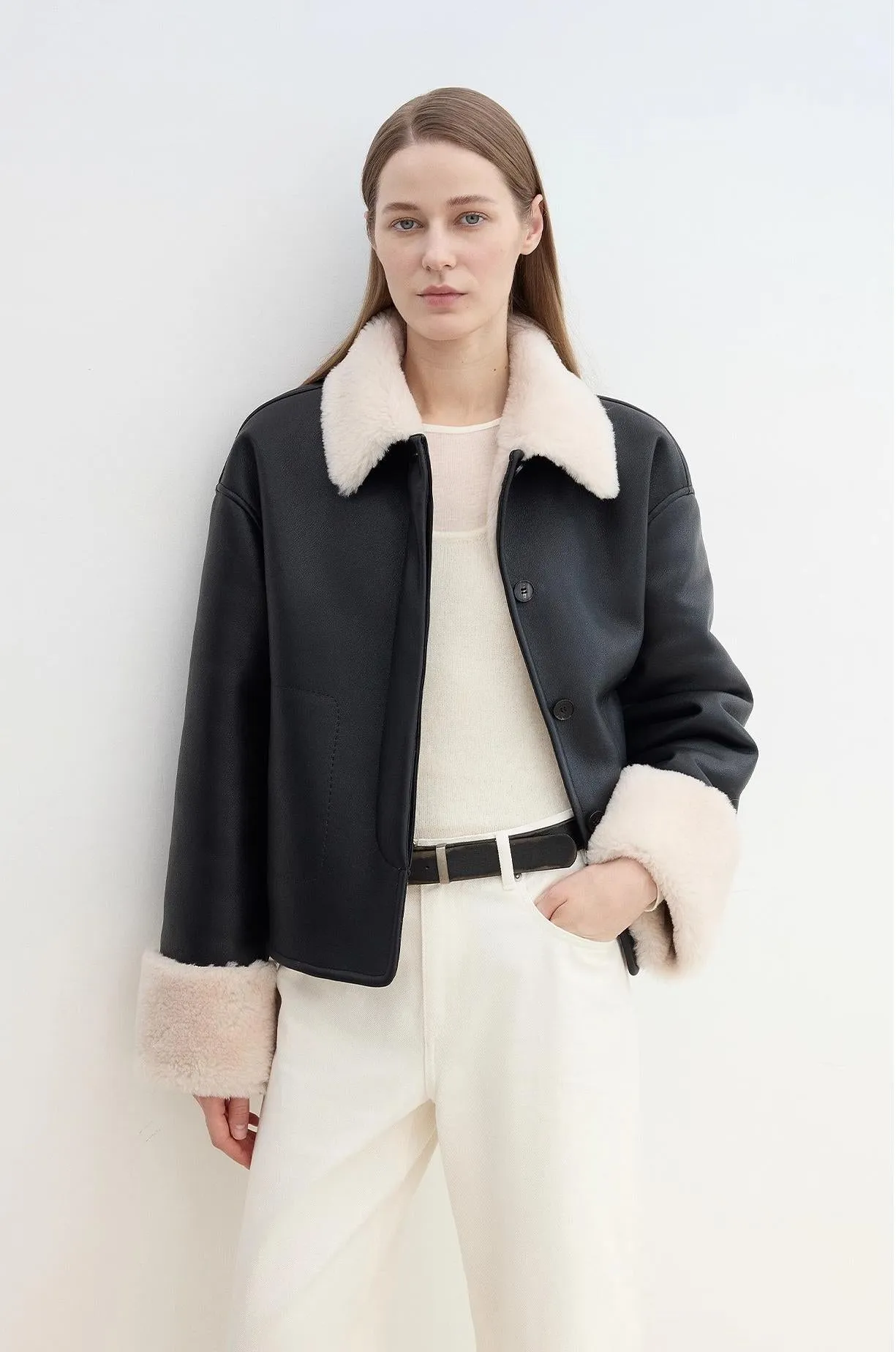 "Slightly Sweet Latte Second Generation" Furry Lapel Wool Artificial Compound Leather Casual Straight Shearling Jacket