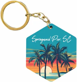 R and R Imports Springmaid Pier South Carolina Souvenir Hexagon Wooden Keychain Watercolor Beach Design