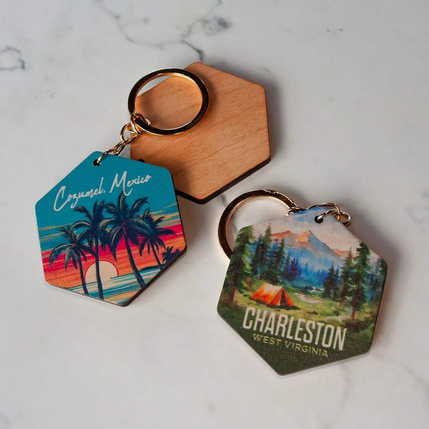 R and R Imports Springmaid Pier South Carolina Souvenir Hexagon Wooden Keychain Watercolor Beach Design