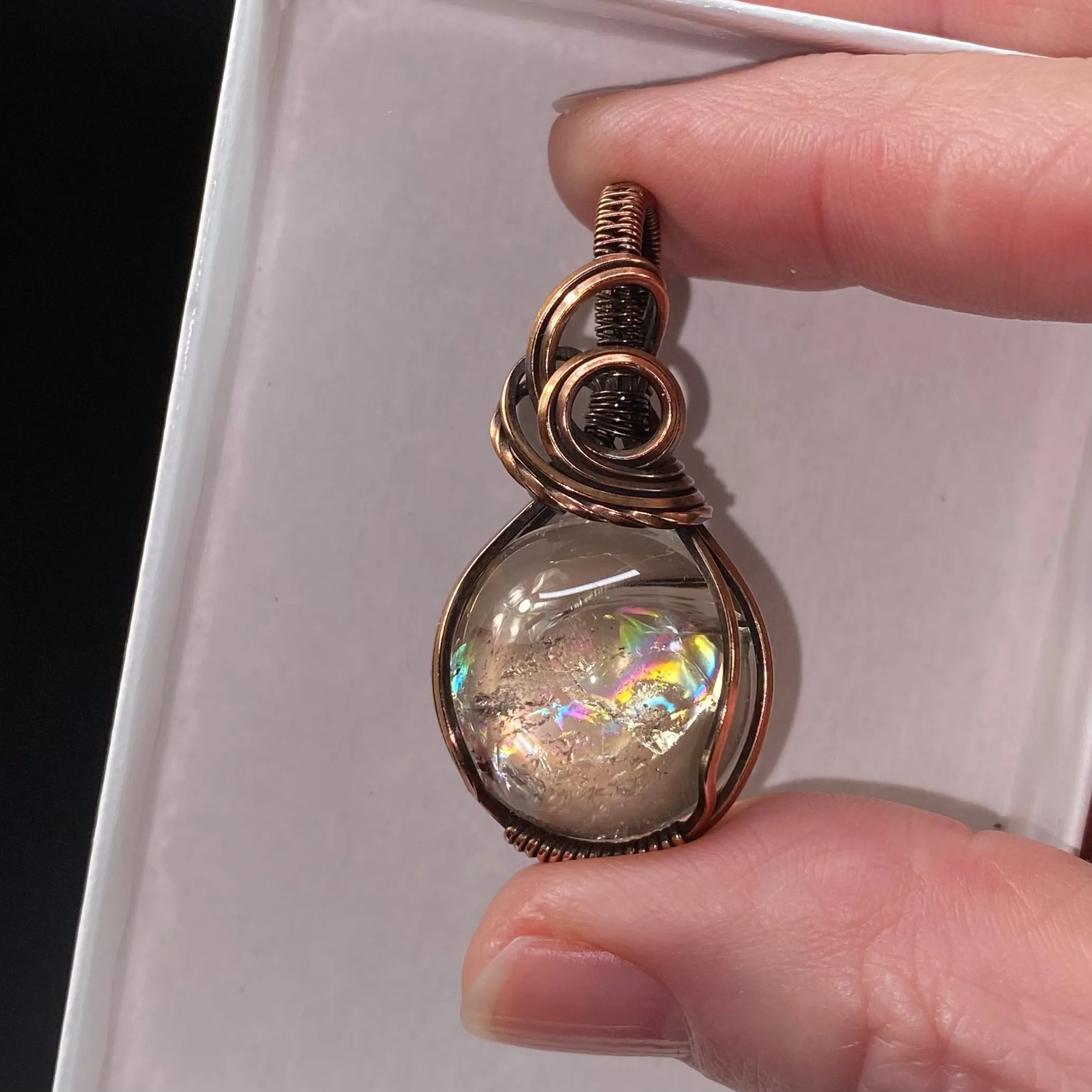 Rainbow Filled Smoky Quartz Sphere and Copper Handmade Wire Wrapped Pendant