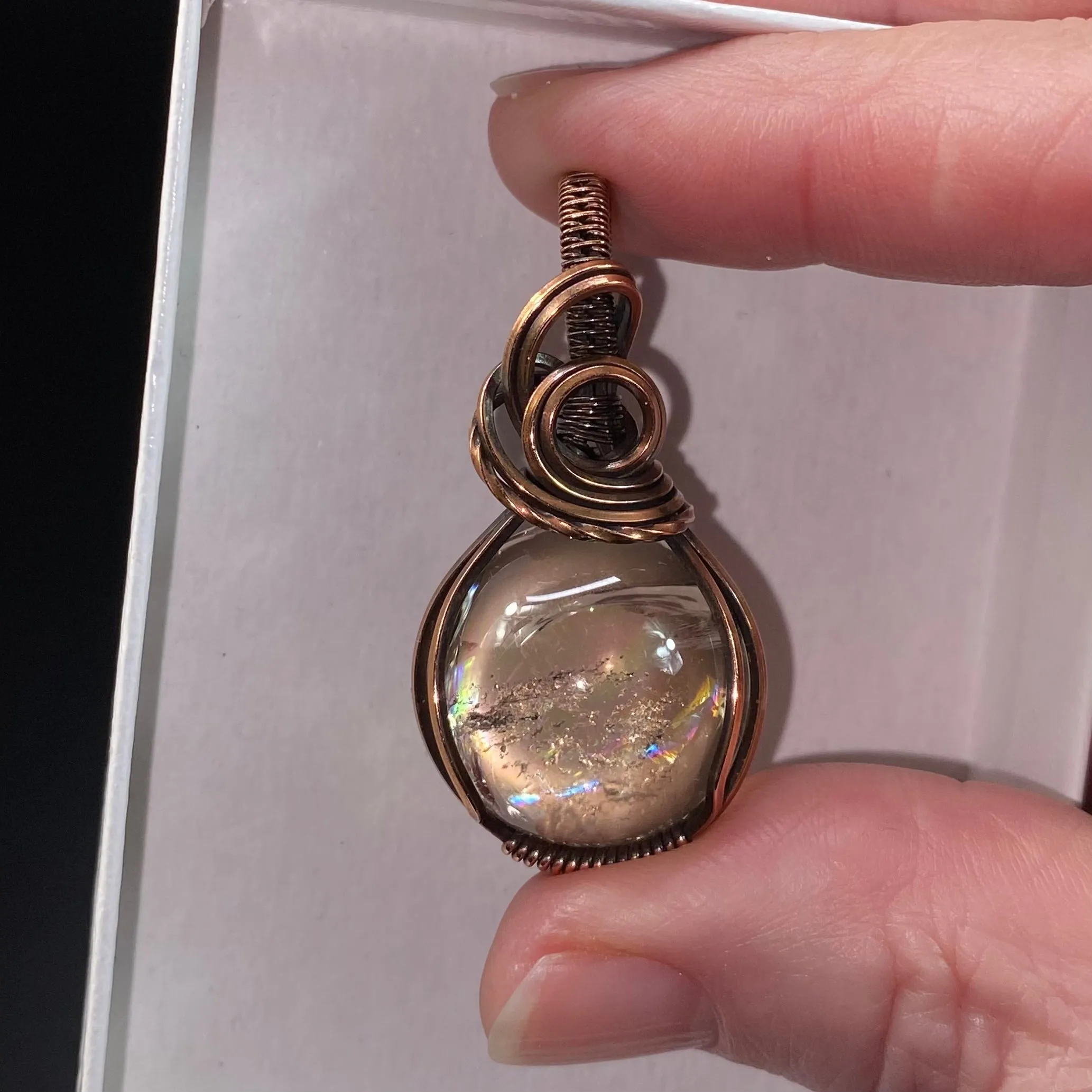 Rainbow Filled Smoky Quartz Sphere and Copper Handmade Wire Wrapped Pendant