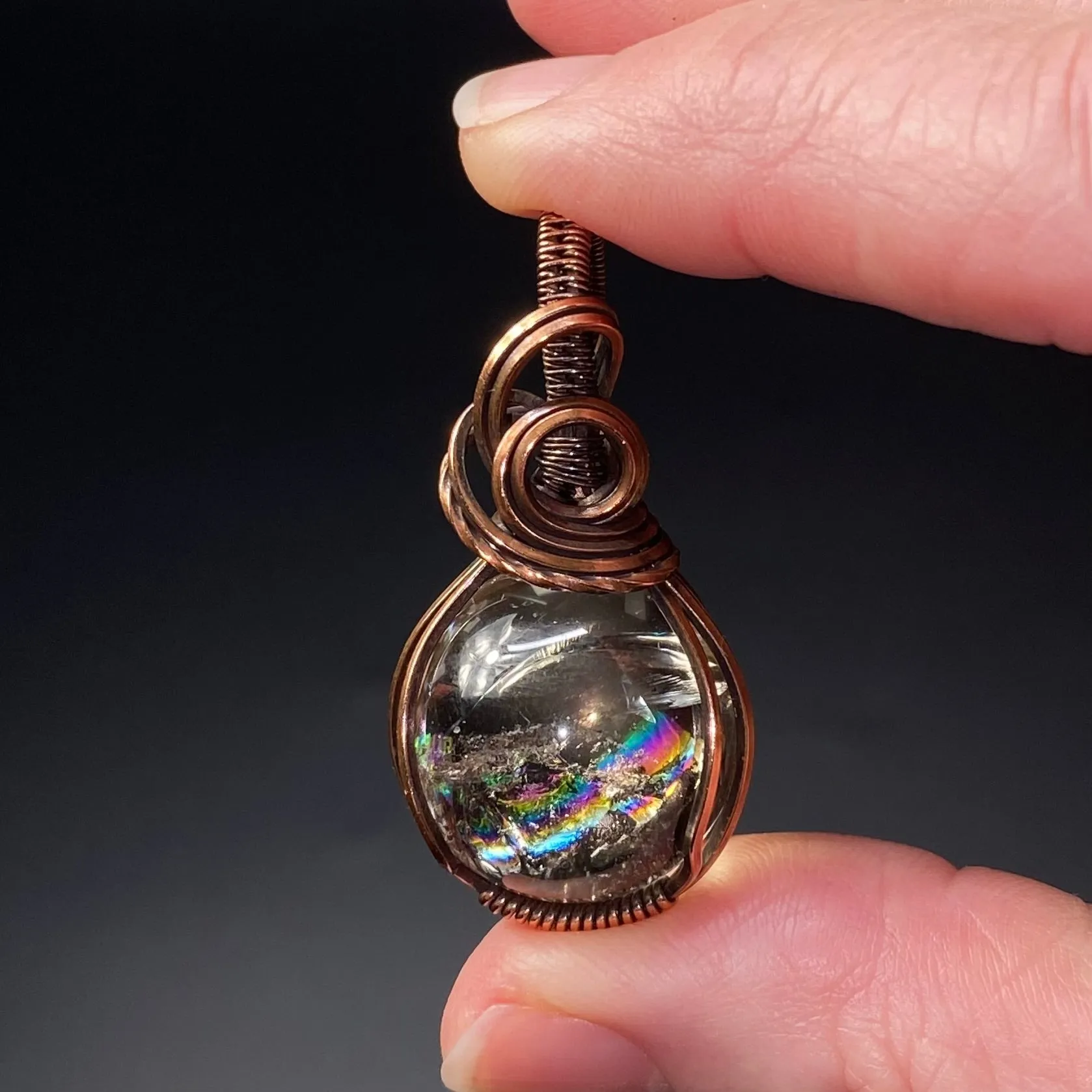 Rainbow Filled Smoky Quartz Sphere and Copper Handmade Wire Wrapped Pendant