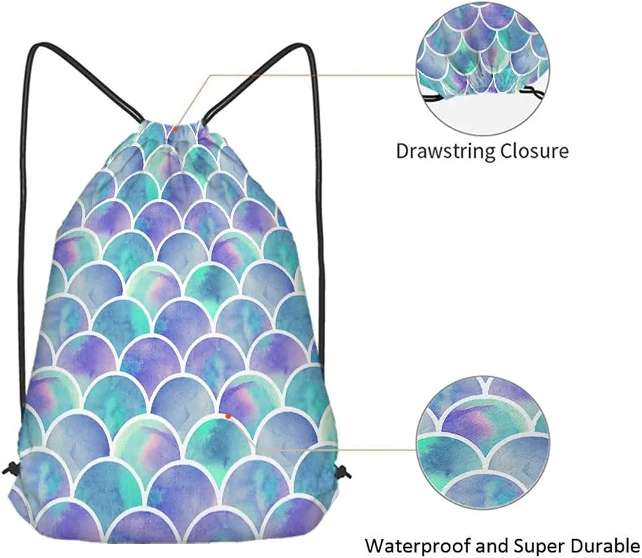 Rainbow Mermaid Scale Drawstring Backpack Bag - Watercolor Fish Colorful Hipster Purple Blue Gradient Art Sport Gym Sack for Men Women