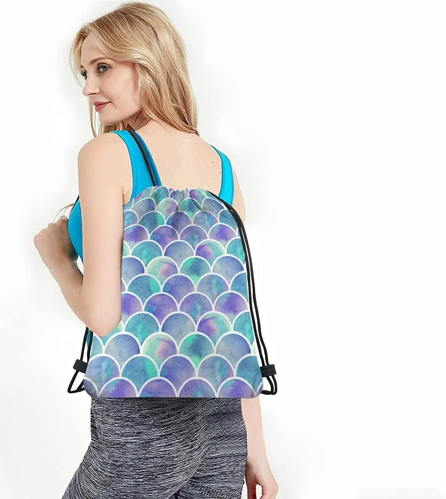 Rainbow Mermaid Scale Drawstring Backpack Bag - Watercolor Fish Colorful Hipster Purple Blue Gradient Art Sport Gym Sack for Men Women
