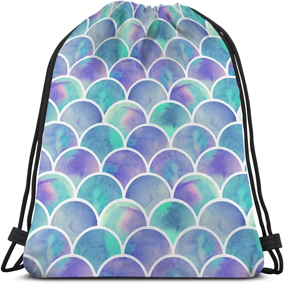 Rainbow Mermaid Scale Drawstring Backpack Bag - Watercolor Fish Colorful Hipster Purple Blue Gradient Art Sport Gym Sack for Men Women