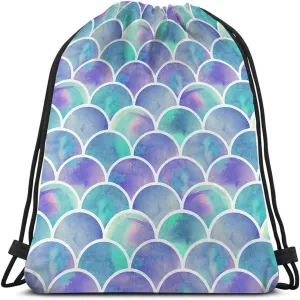 Rainbow Mermaid Scale Drawstring Backpack Bag - Watercolor Fish Colorful Hipster Purple Blue Gradient Art Sport Gym Sack for Men Women
