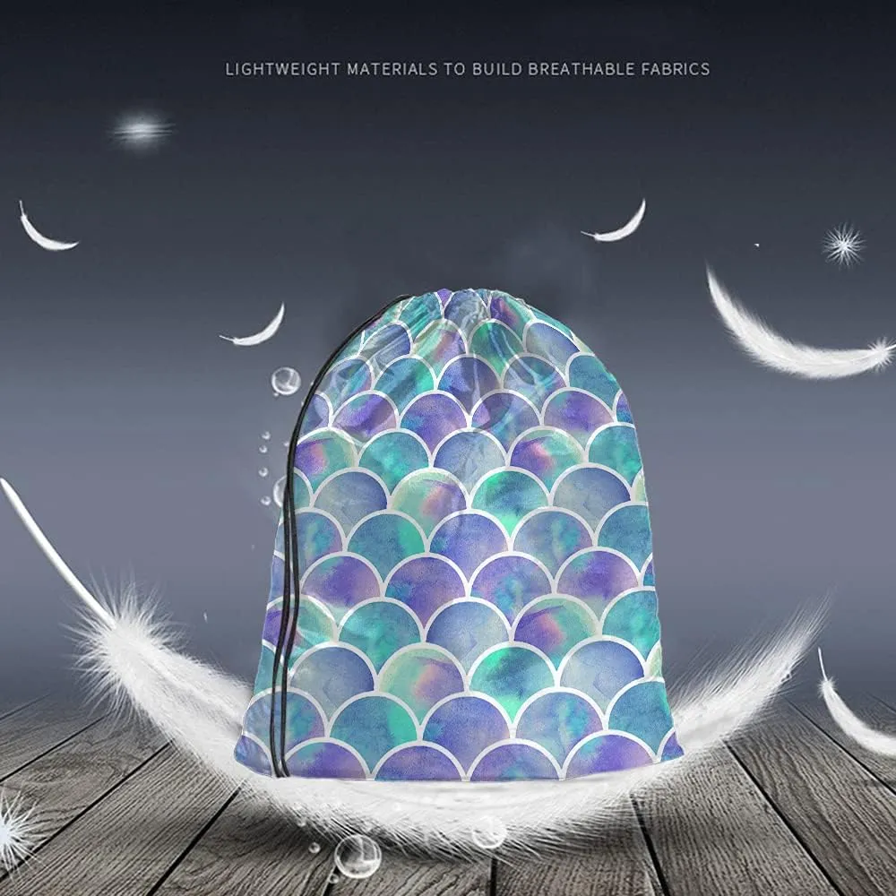 Rainbow Mermaid Scale Drawstring Backpack Bag - Watercolor Fish Colorful Hipster Purple Blue Gradient Art Sport Gym Sack for Men Women