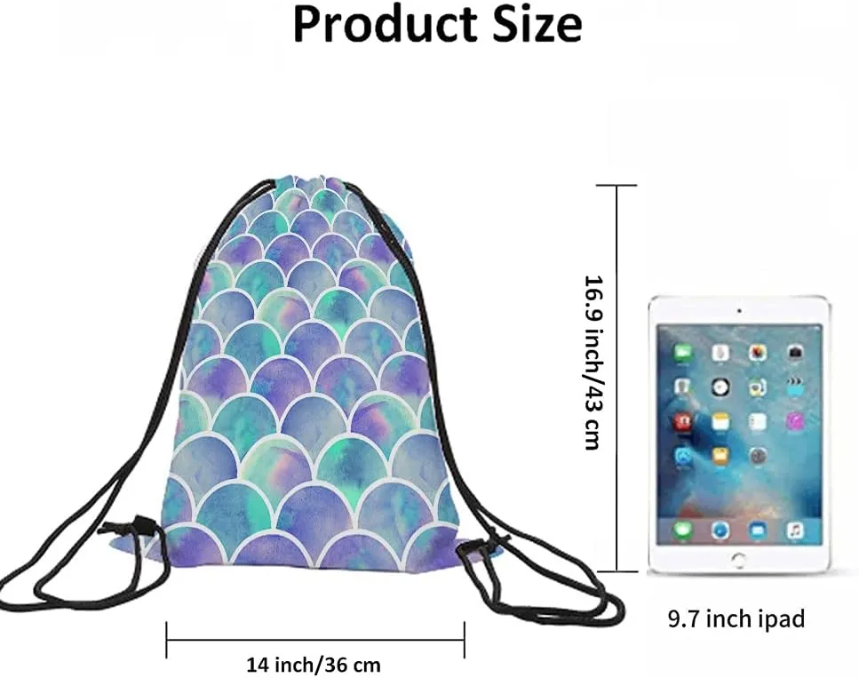 Rainbow Mermaid Scale Drawstring Backpack Bag - Watercolor Fish Colorful Hipster Purple Blue Gradient Art Sport Gym Sack for Men Women