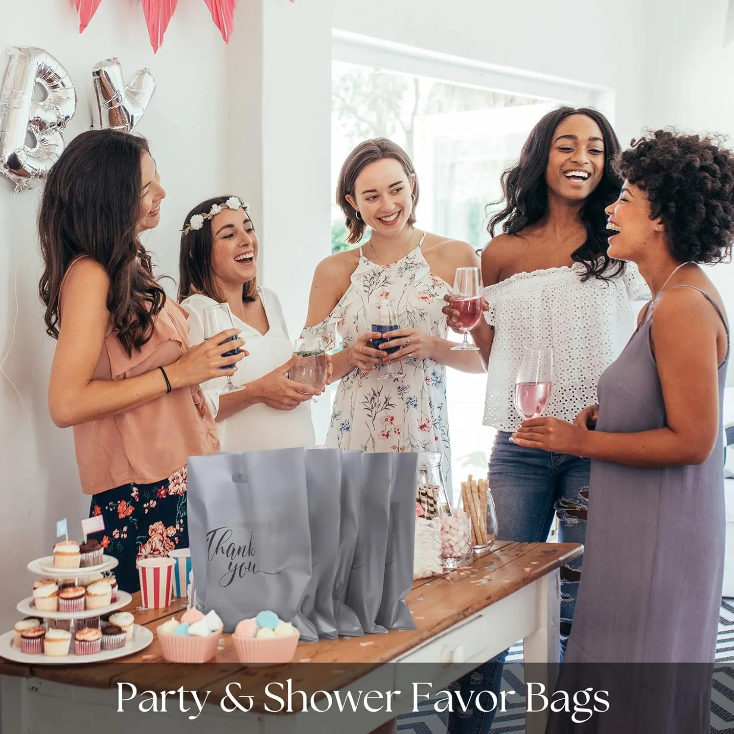Rainbows & Lilies 100 Thank You Plastic Bags with Handles, 12"W x 15"H Thick Reusable Bulk Shopping Bags for Small Business, Retail Shop, Boutique Gifts, Clothes, Tshirts, Goodie Party Favors (Silver)