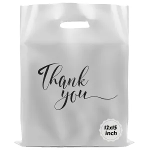Rainbows & Lilies 100 Thank You Plastic Bags with Handles, 12"W x 15"H Thick Reusable Bulk Shopping Bags for Small Business, Retail Shop, Boutique Gifts, Clothes, Tshirts, Goodie Party Favors (Silver)