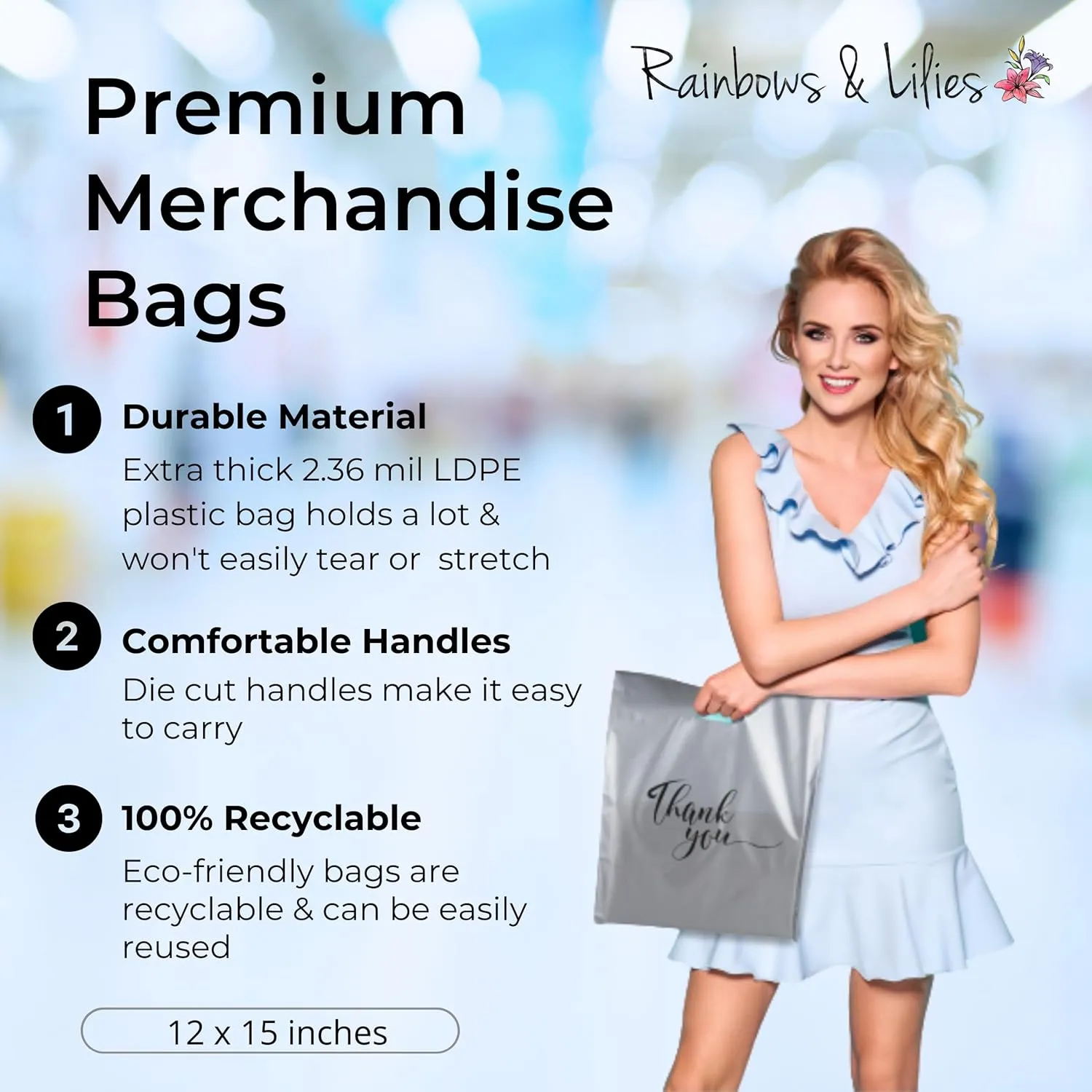Rainbows & Lilies 100 Thank You Plastic Bags with Handles, 12"W x 15"H Thick Reusable Bulk Shopping Bags for Small Business, Retail Shop, Boutique Gifts, Clothes, Tshirts, Goodie Party Favors (Silver)