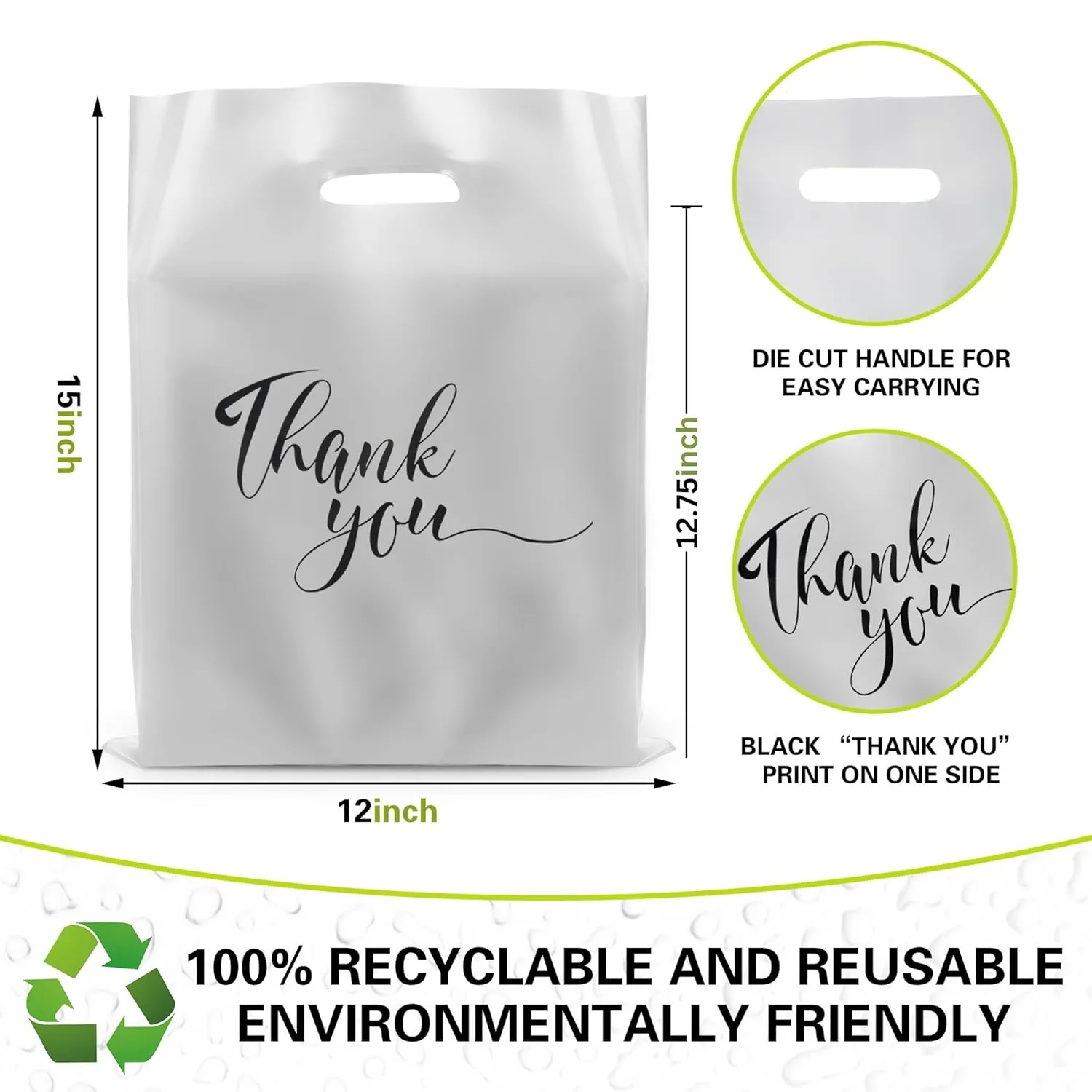 Rainbows & Lilies 100 Thank You Plastic Bags with Handles, 12"W x 15"H Thick Reusable Bulk Shopping Bags for Small Business, Retail Shop, Boutique Gifts, Clothes, Tshirts, Goodie Party Favors (Silver)