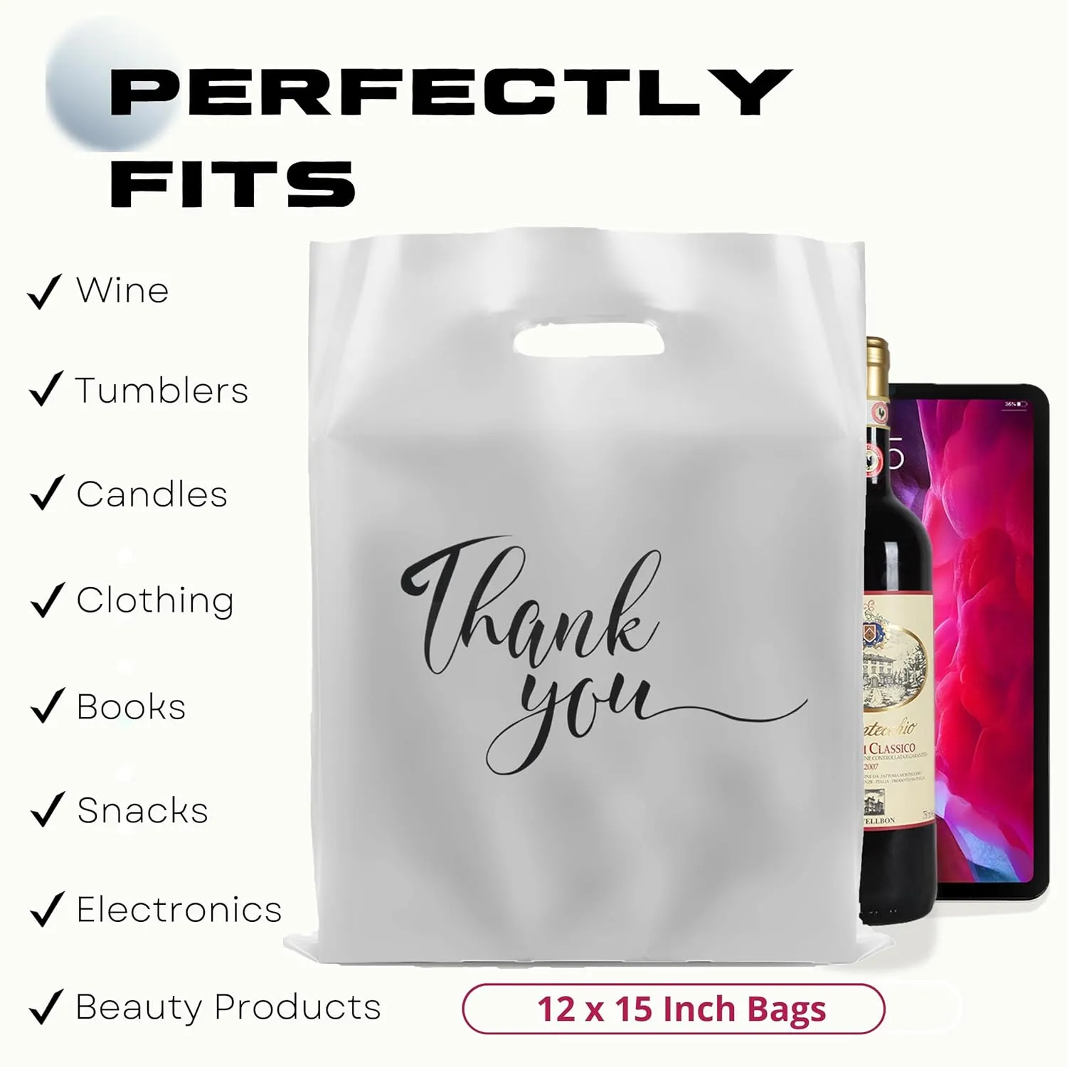 Rainbows & Lilies 100 Thank You Plastic Bags with Handles, 12"W x 15"H Thick Reusable Bulk Shopping Bags for Small Business, Retail Shop, Boutique Gifts, Clothes, Tshirts, Goodie Party Favors (Silver)