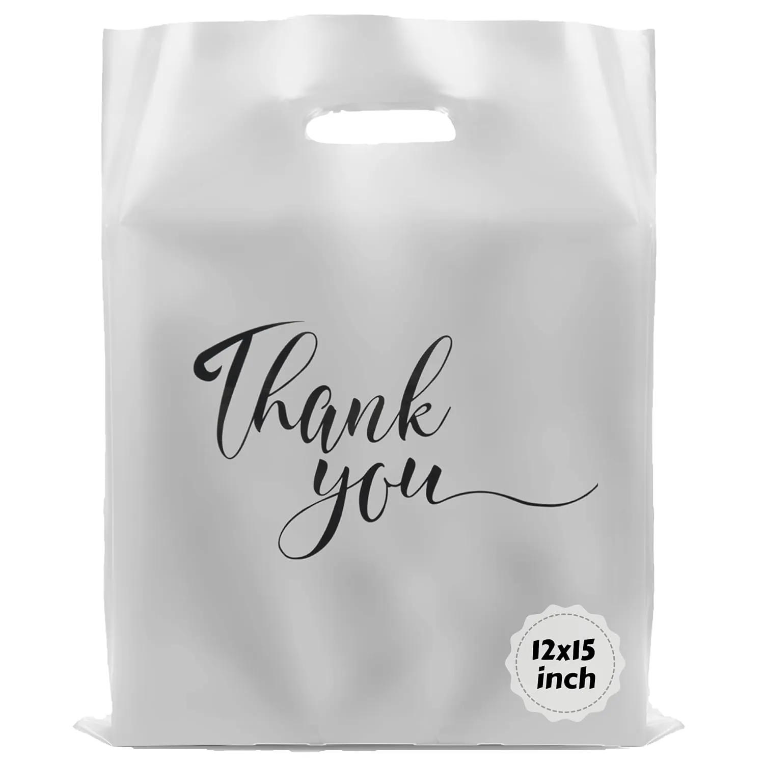 Rainbows & Lilies 100 Thank You Plastic Bags with Handles, 12"W x 15"H Thick Reusable Bulk Shopping Bags for Small Business, Retail Shop, Boutique Gifts, Clothes, Tshirts, Goodie Party Favors (Silver)