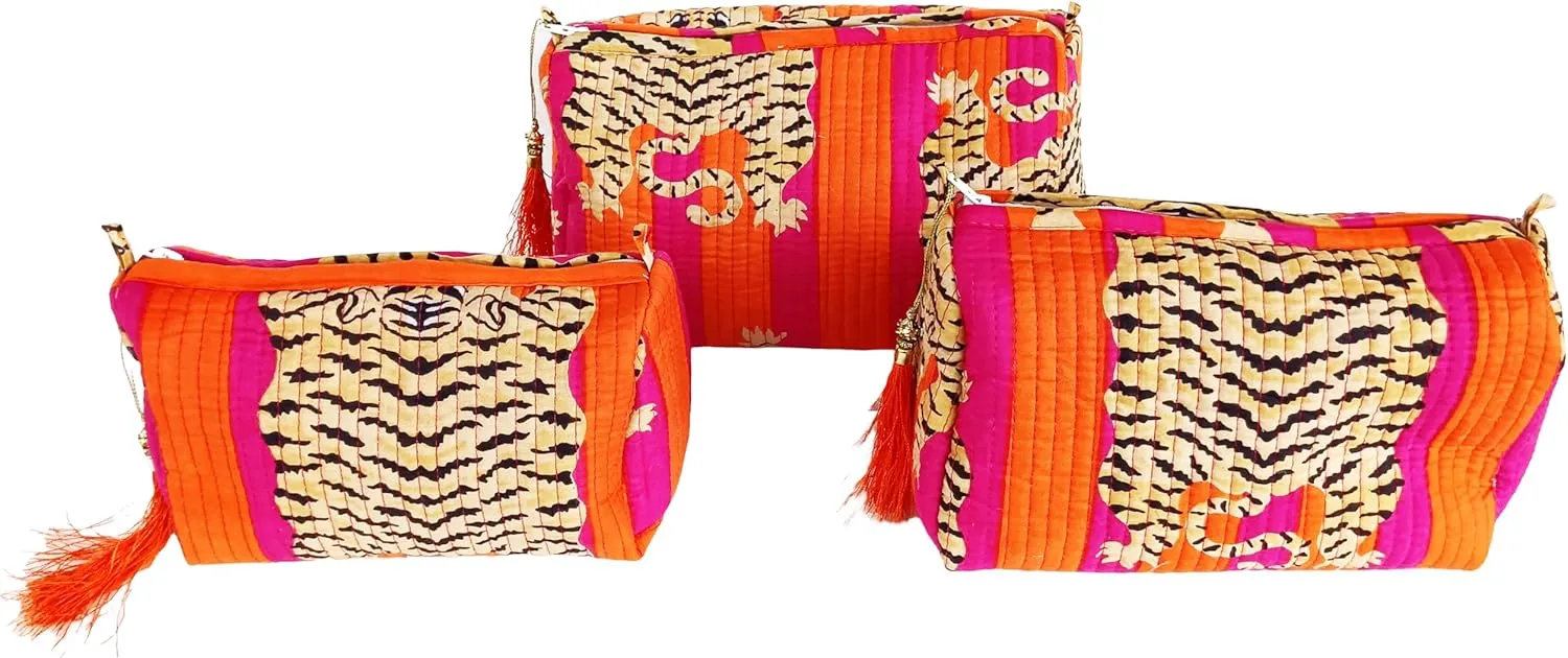Rastogi Handicrafts Cosmetic Bags Set, 3 Piece Make Up Organizer Bag Storage Bags with Zipper Closure (3, Dark Pink, Design-7)