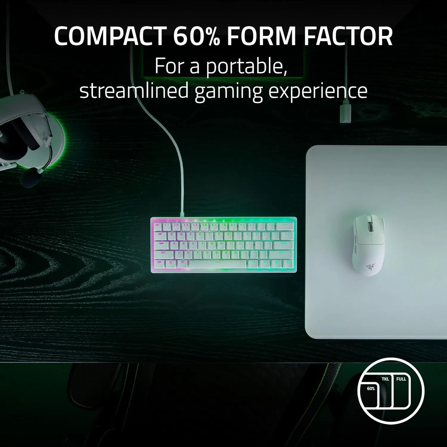 Razer Huntsman V3 Pro Mini 60% Esports Gaming Keyboard: Analog Optical Switches Snap Tap - Rapid Trigger - Adjustable Actuation - Dual-Purpose Mod Keys - Doubleshot PBT Keycaps - White