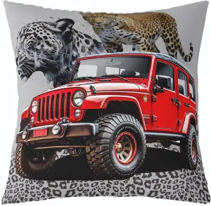 Red Off-Road Vehicle Pillow Cover 24x24 Inch Leopard Print Watercolor Jungle Wild Animal Cushion Case for Kids Boys Teens Adults 3D Modern Vehicle Cushion Cover for Sofa