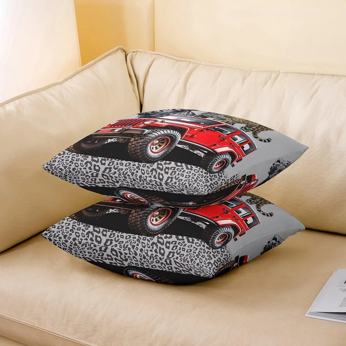 Red Off-Road Vehicle Pillow Cover 24x24 Inch Leopard Print Watercolor Jungle Wild Animal Cushion Case for Kids Boys Teens Adults 3D Modern Vehicle Cushion Cover for Sofa