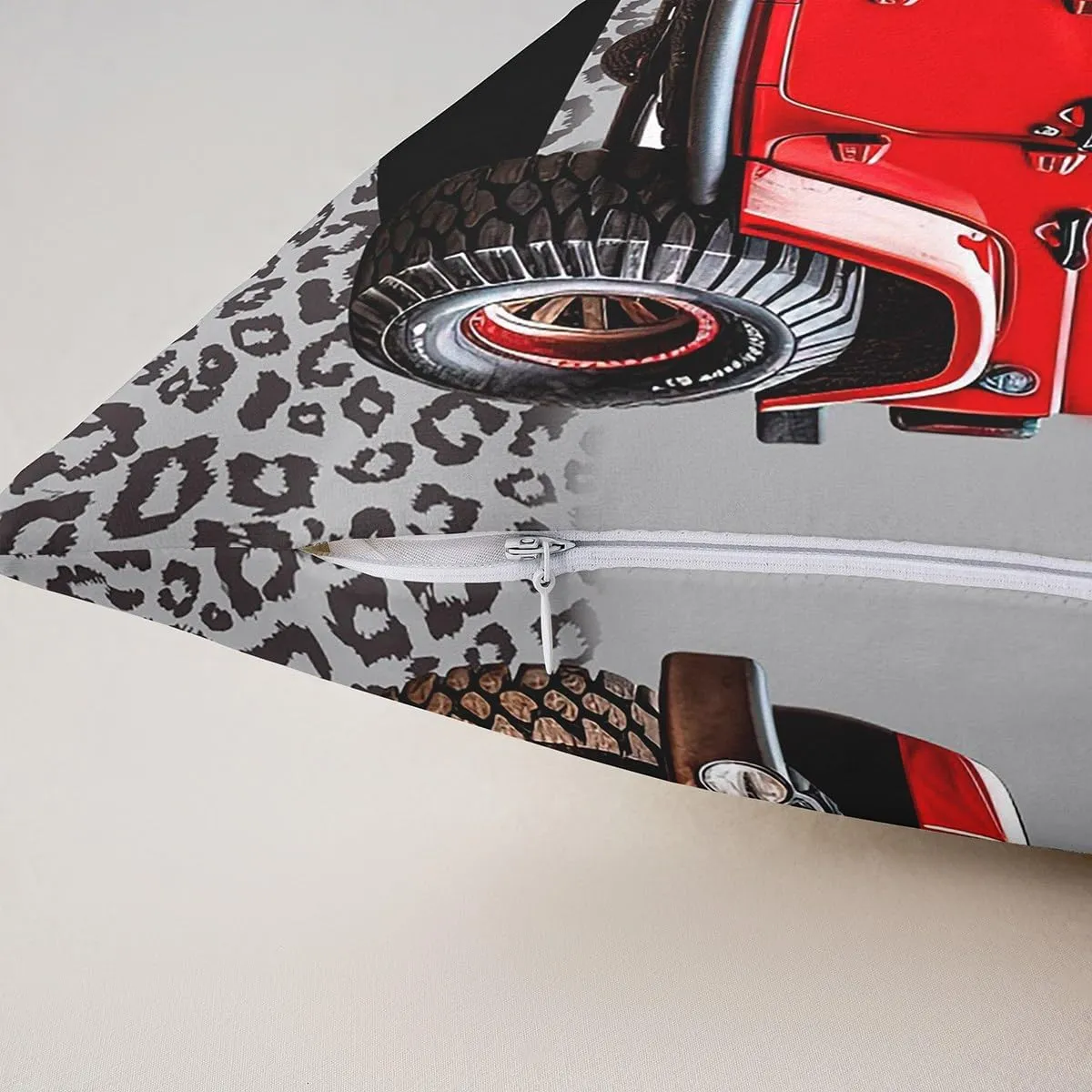 Red Off-Road Vehicle Pillow Cover 24x24 Inch Leopard Print Watercolor Jungle Wild Animal Cushion Case for Kids Boys Teens Adults 3D Modern Vehicle Cushion Cover for Sofa