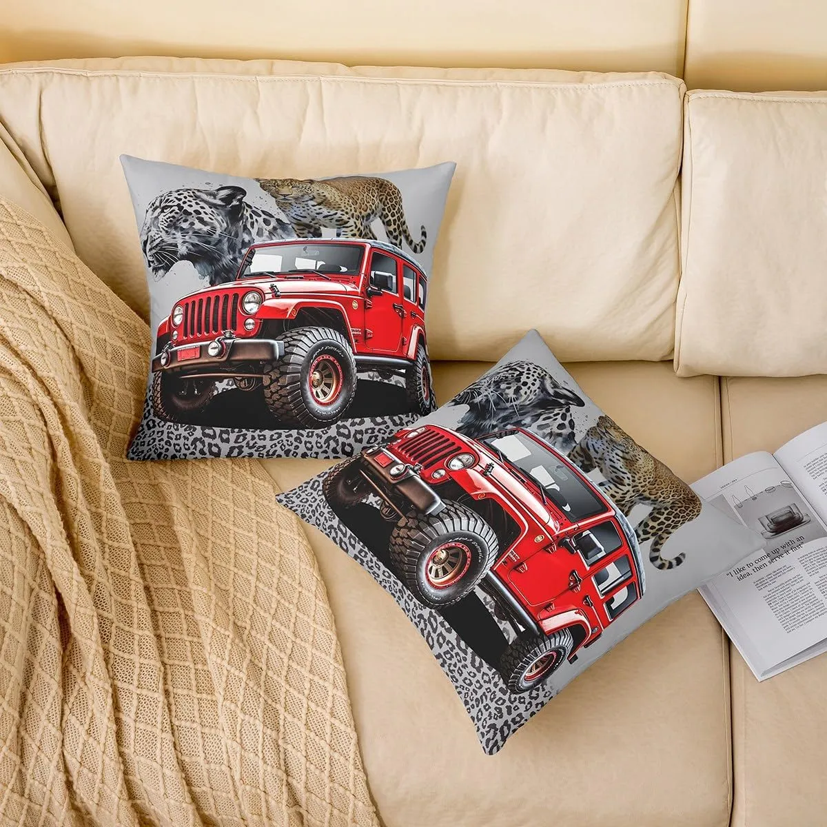 Red Off-Road Vehicle Pillow Cover 24x24 Inch Leopard Print Watercolor Jungle Wild Animal Cushion Case for Kids Boys Teens Adults 3D Modern Vehicle Cushion Cover for Sofa