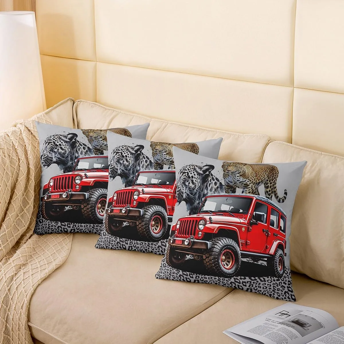 Red Off-Road Vehicle Pillow Cover 24x24 Inch Leopard Print Watercolor Jungle Wild Animal Cushion Case for Kids Boys Teens Adults 3D Modern Vehicle Cushion Cover for Sofa