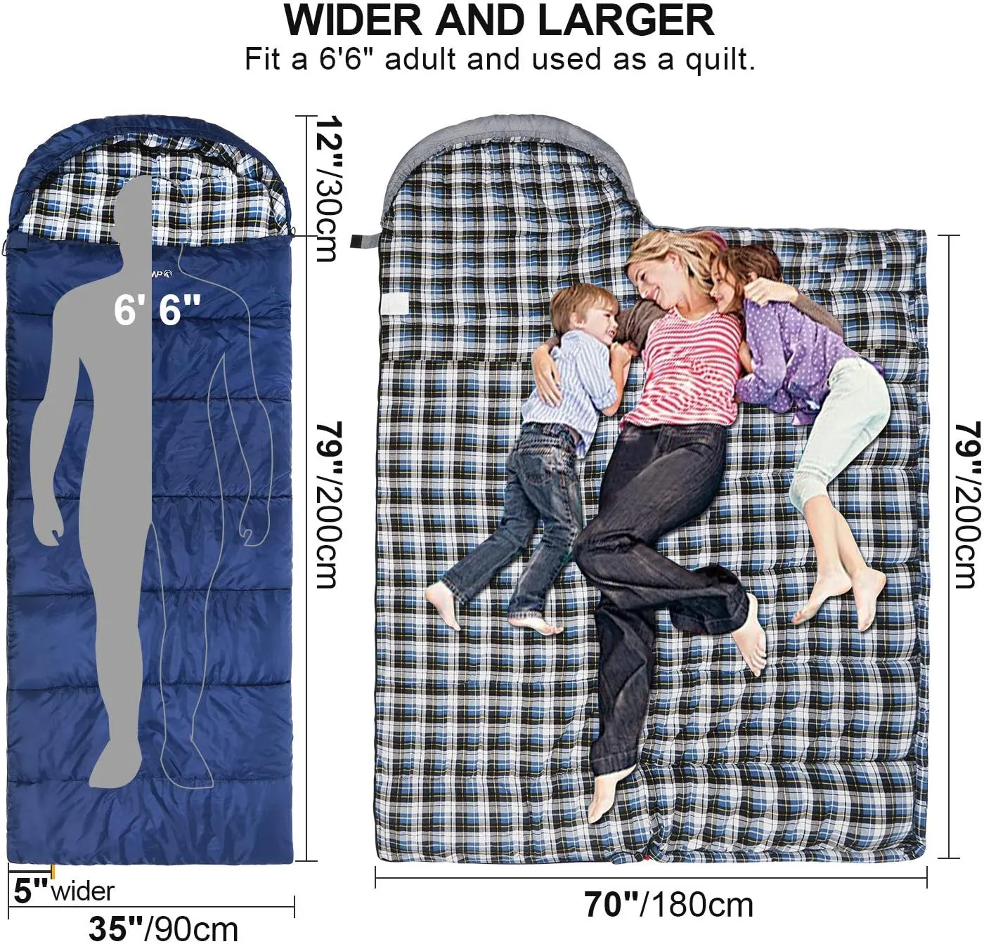 REDCAMP Flannel Sleeping Bag for Adults, Comfortable Cotton Sleeping Bags for Camping with Detachable Hood, Red/Grey/Blue