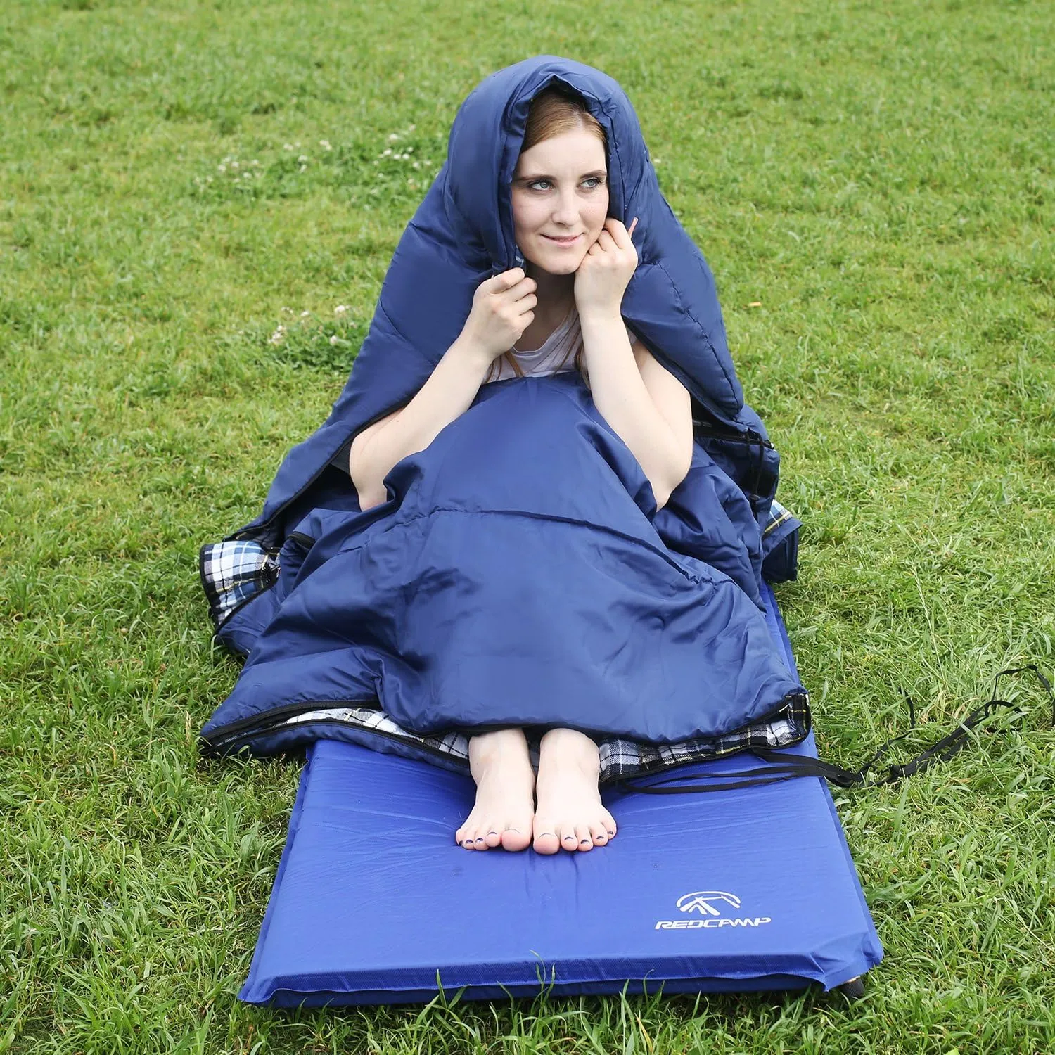 REDCAMP Flannel Sleeping Bag for Adults, Comfortable Cotton Sleeping Bags for Camping with Detachable Hood, Red/Grey/Blue