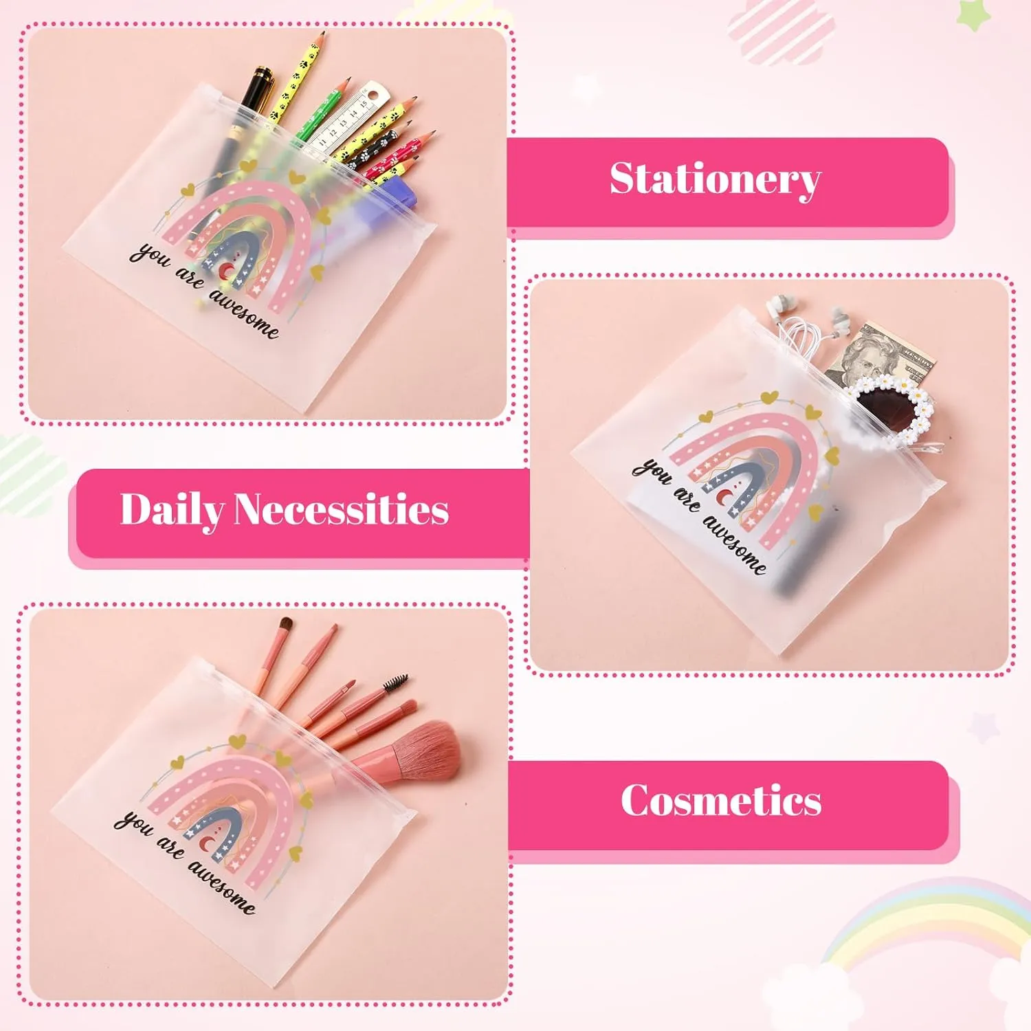 Reginary 100 Pcs Inspirational Gifts for Girls Women Travel Cheer Makeup Bag Bulk Loved Quotes Cosmetic Bags with Zipper Thank You Encouragement Birthday Gift Bag for Nurse Teacher Friend (Charming)