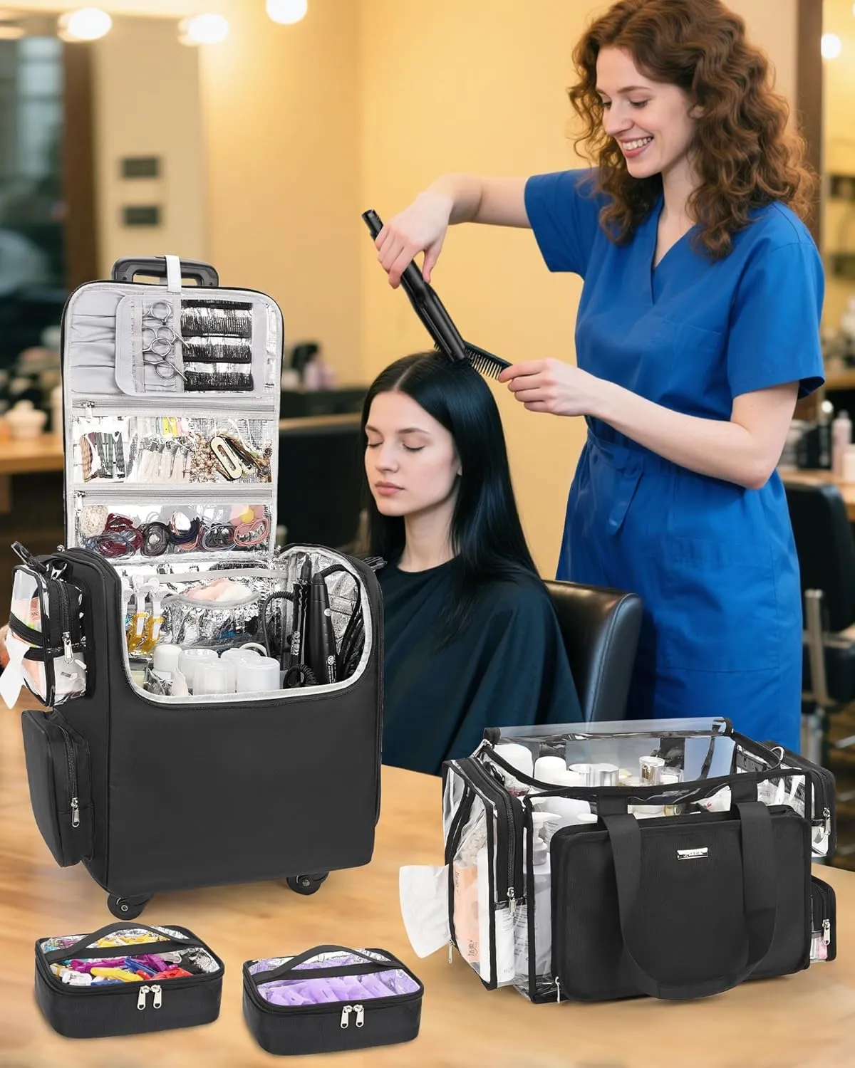 Relavel Rolling Makeup Train Case with Large Clear Makeup Bag, Hairstylist Traveling Bag with 4 Wheels, Cosmetic Storage Organizer Hair Stylist Travelling Bag with Adjustable Dividers & Shoulder Strap