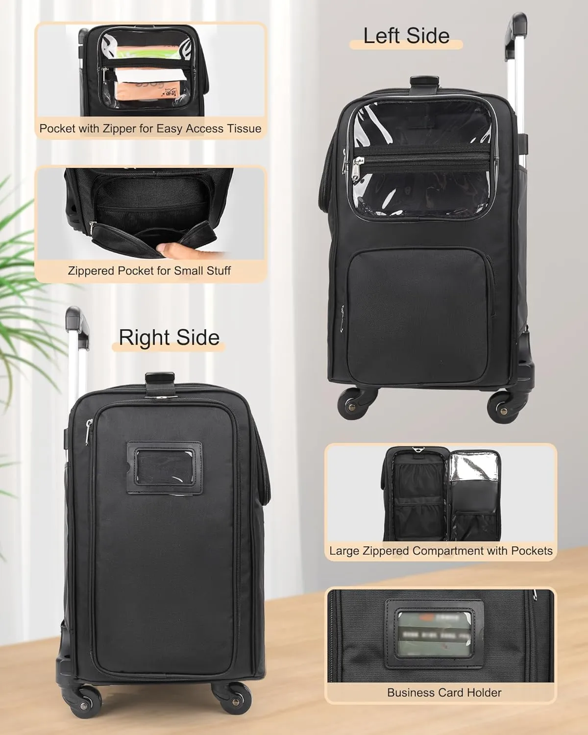 Relavel Rolling Makeup Train Case with Large Clear Makeup Bag, Hairstylist Traveling Bag with 4 Wheels, Cosmetic Storage Organizer Hair Stylist Travelling Bag with Adjustable Dividers & Shoulder Strap