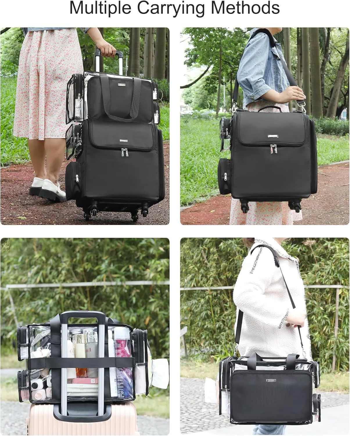 Relavel Rolling Makeup Train Case with Large Clear Makeup Bag, Hairstylist Traveling Bag with 4 Wheels, Cosmetic Storage Organizer Hair Stylist Travelling Bag with Adjustable Dividers & Shoulder Strap