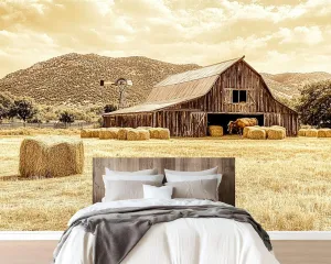 Removable Self Adhesive Watercolor Western Decor Farmhouse Hay Bales Mountains Windmill Sepia Canvas Wall Murals, Peel and Stick Wallpaper for Kids Bedroom Living Room Office Wall Decor 69''x98''