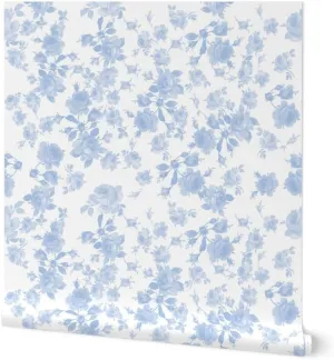Removable Wallpaper 12ft x 2ft - Blue Roses Faded Shabby Chic Roses White Floral Cottagecore Vintage Chintz Custom Pre-Pasted Wallpaper by Spoonflower