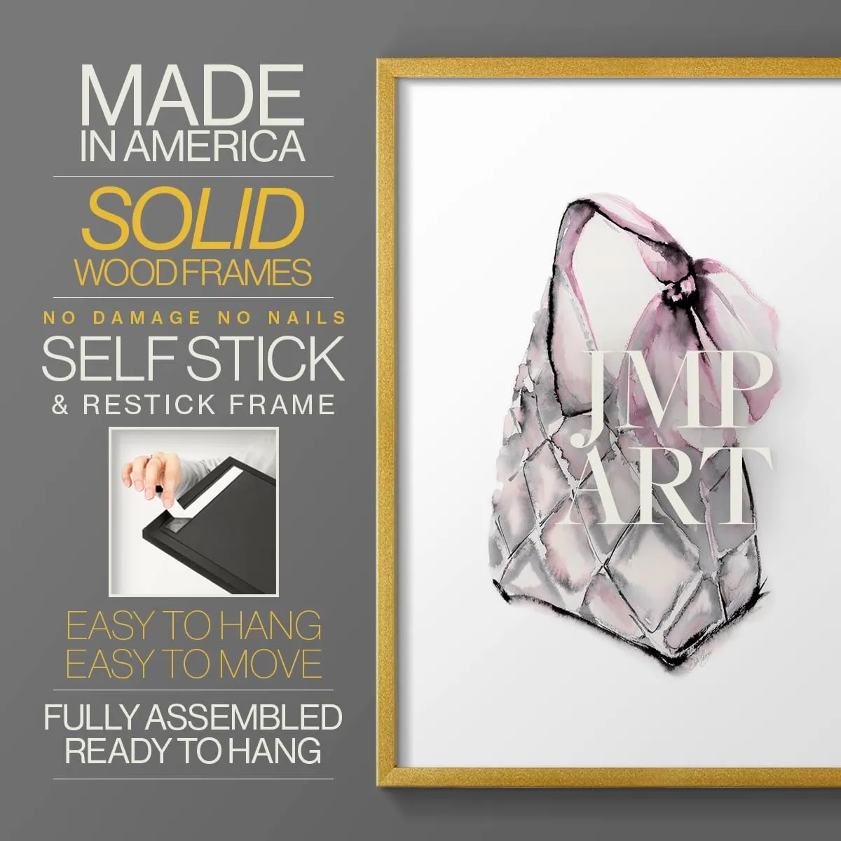 Renditions Gallery Set of 2 Peel & Stick Framed Prints, Watercolor Abstract Wall Art, Unique Fashion Princess Handbag Wall Decor, Re-Stickable - Ready to Hang - 8"x10" - GOLD Frame LT590