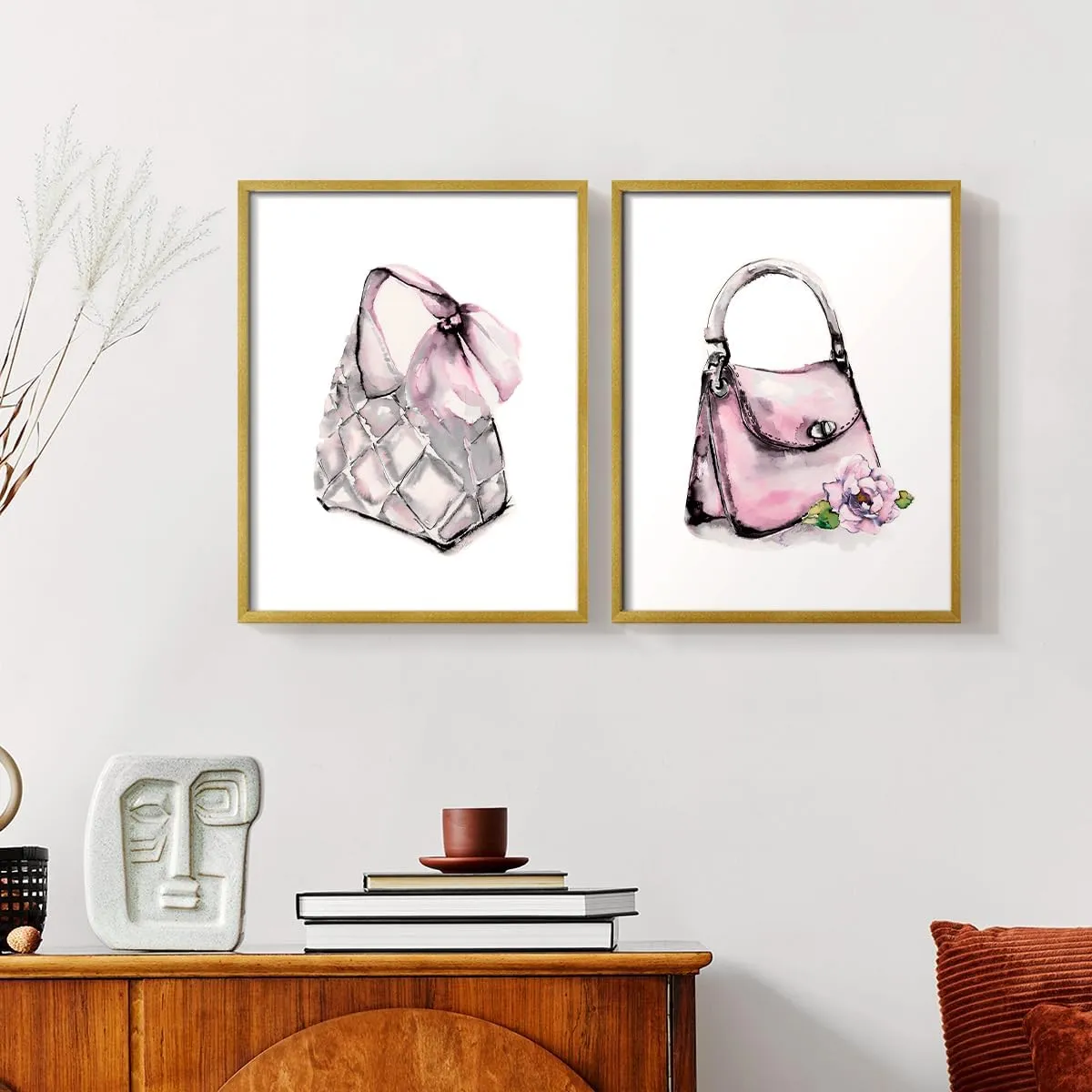 Renditions Gallery Set of 2 Peel & Stick Framed Prints, Watercolor Abstract Wall Art, Unique Fashion Princess Handbag Wall Decor, Re-Stickable - Ready to Hang - 8"x10" - GOLD Frame LT590
