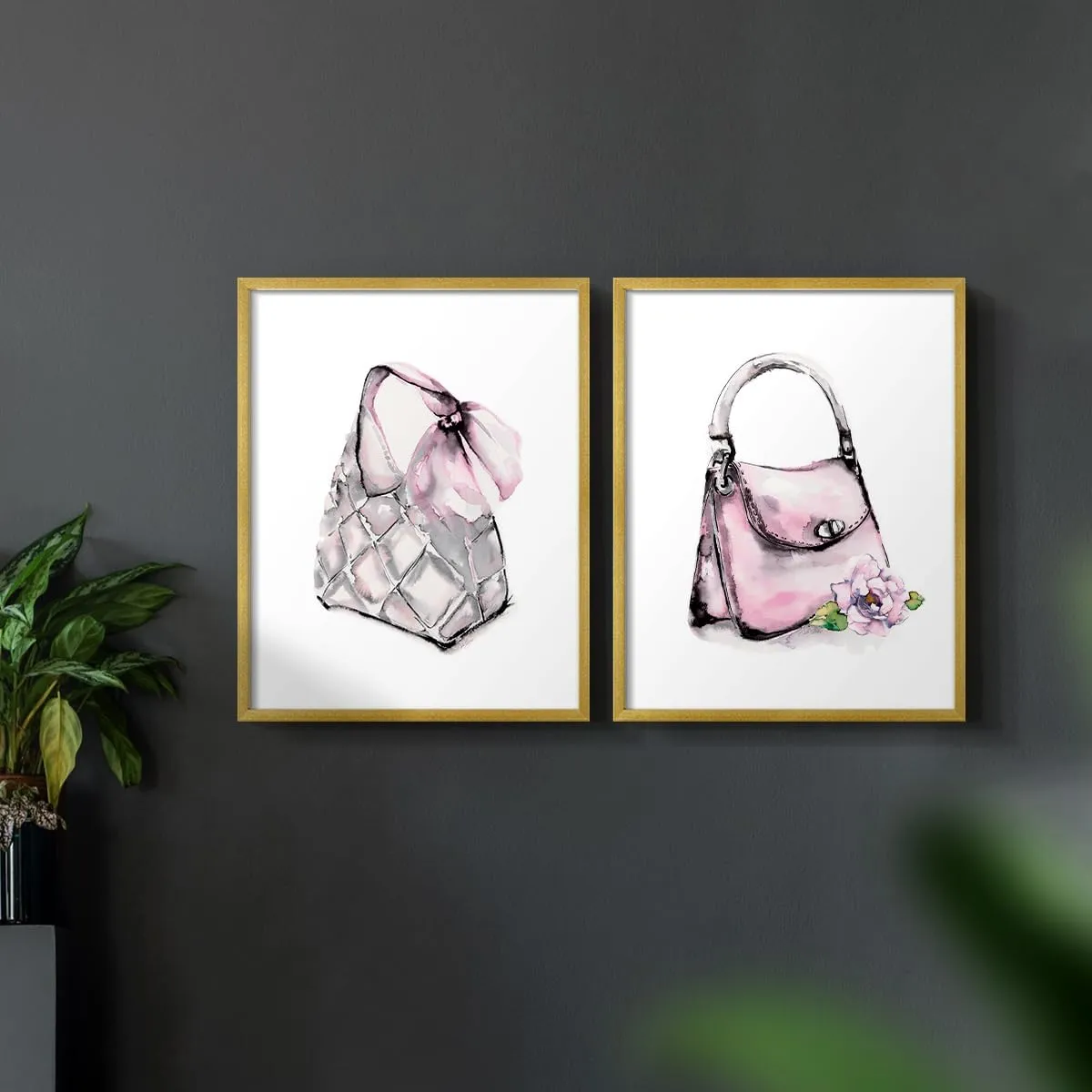 Renditions Gallery Set of 2 Peel & Stick Framed Prints, Watercolor Abstract Wall Art, Unique Fashion Princess Handbag Wall Decor, Re-Stickable - Ready to Hang - 8"x10" - GOLD Frame LT590