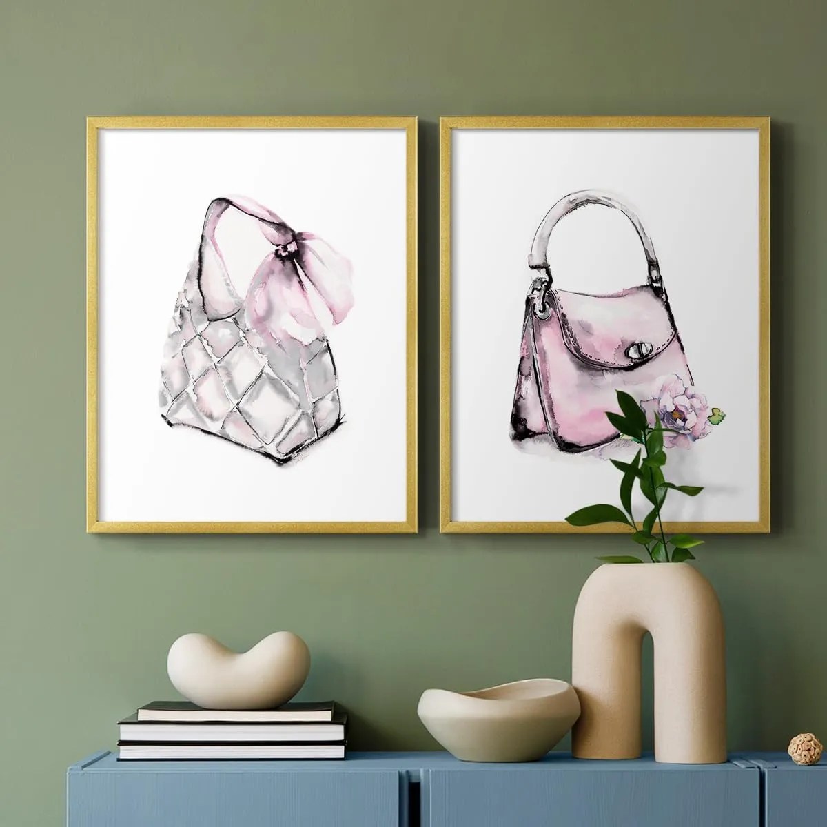 Renditions Gallery Set of 2 Peel & Stick Framed Prints, Watercolor Abstract Wall Art, Unique Fashion Princess Handbag Wall Decor, Re-Stickable - Ready to Hang - 8"x10" - GOLD Frame LT590