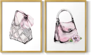 Renditions Gallery Set of 2 Peel & Stick Framed Prints, Watercolor Abstract Wall Art, Unique Fashion Princess Handbag Wall Decor, Re-Stickable - Ready to Hang - 8"x10" - GOLD Frame LT590