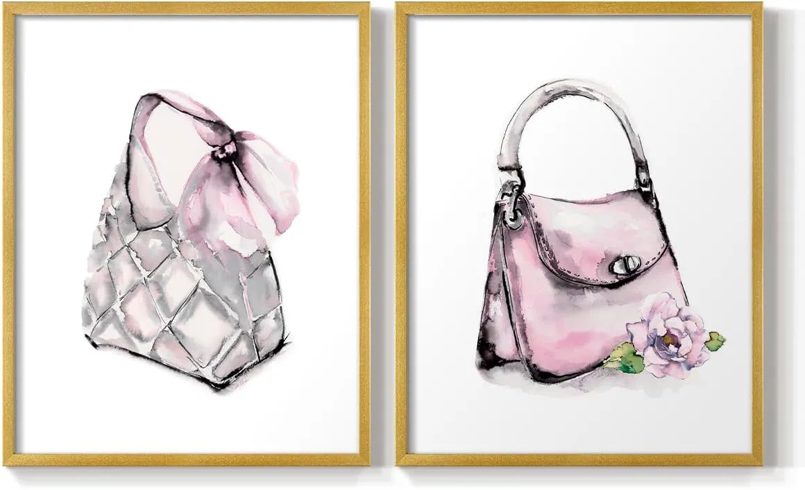 Renditions Gallery Set of 2 Peel & Stick Framed Prints, Watercolor Abstract Wall Art, Unique Fashion Princess Handbag Wall Decor, Re-Stickable - Ready to Hang - 8"x10" - GOLD Frame LT590