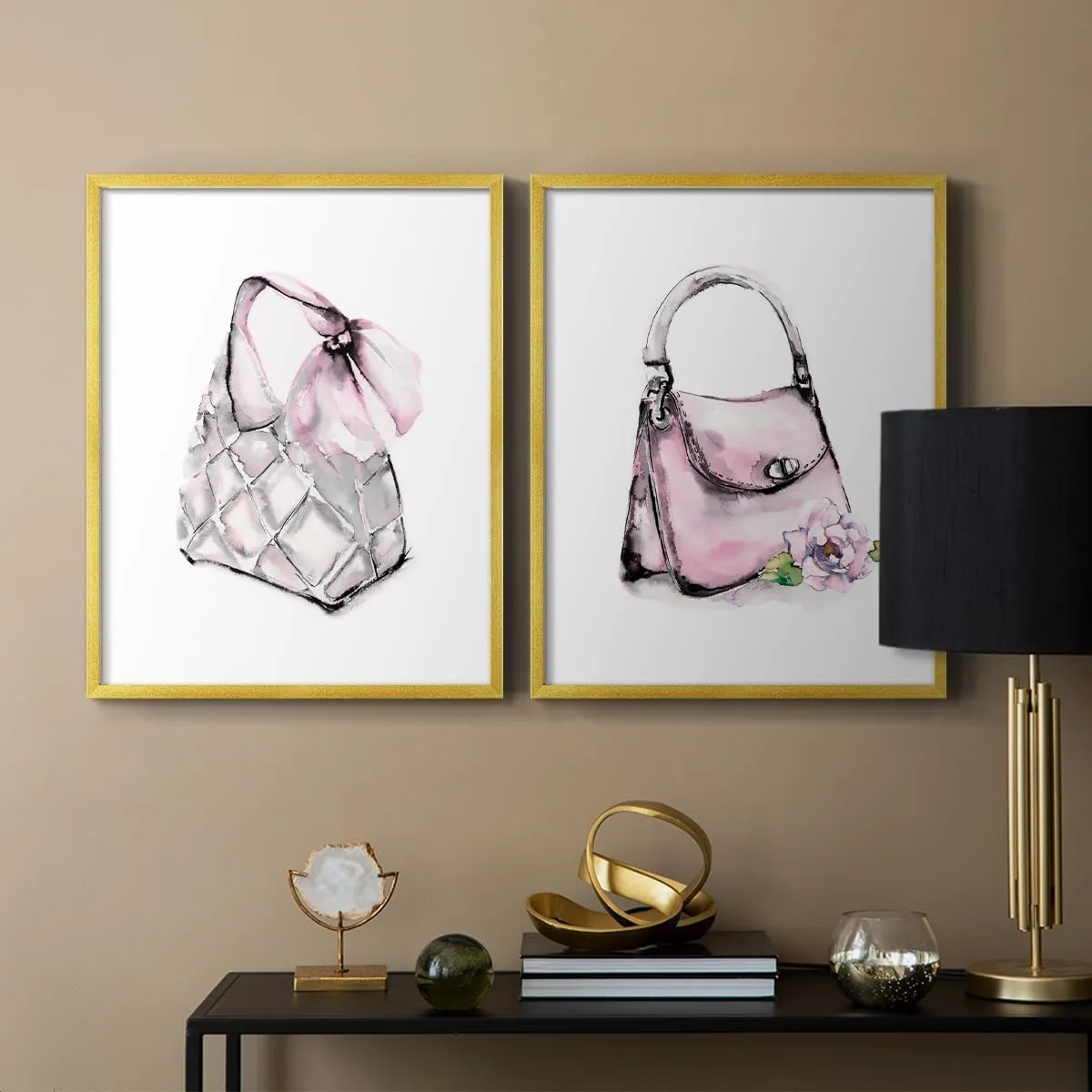 Renditions Gallery Set of 2 Peel & Stick Framed Prints, Watercolor Abstract Wall Art, Unique Fashion Princess Handbag Wall Decor, Re-Stickable - Ready to Hang - 8"x10" - GOLD Frame LT590