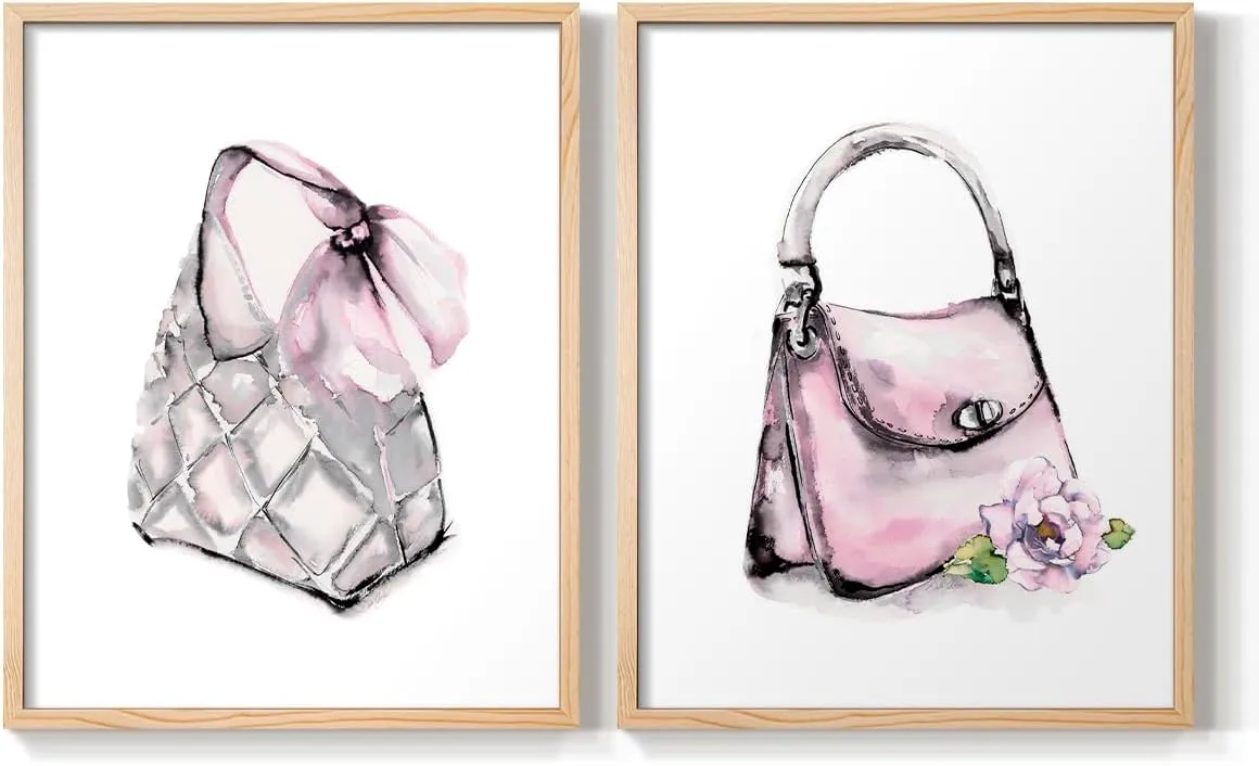 Renditions Gallery Set of 2 Peel & Stick Framed Prints, Watercolor Abstract Wall Art, Unique Fashion Princess Handbag Wall Decor, Re-Stickable - Ready to Hang - 8"x10" - NATURAL WOOD Frame LT590