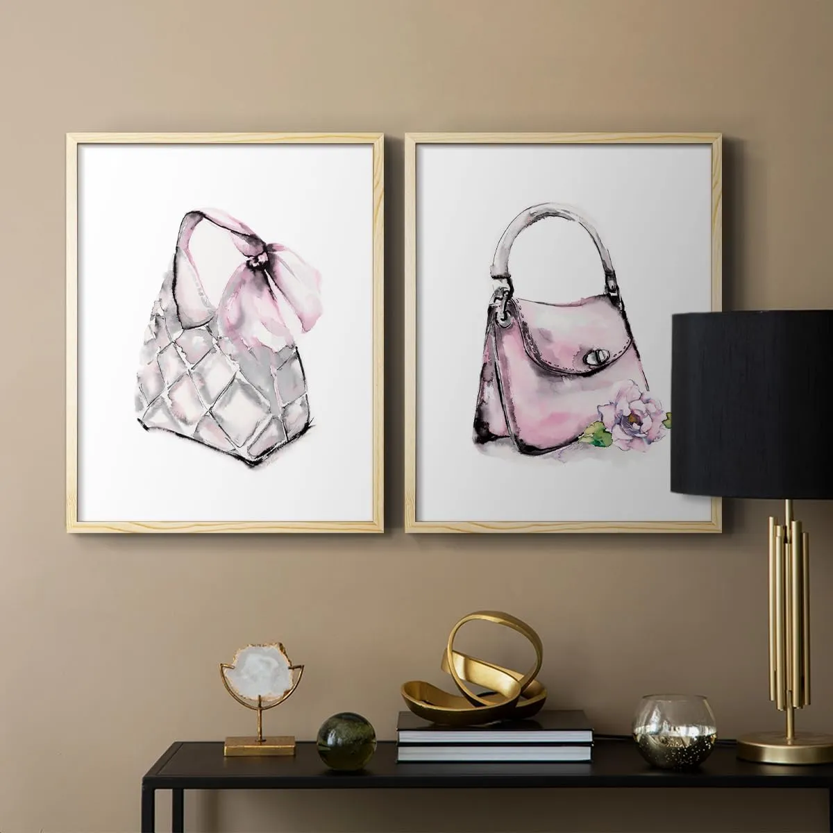 Renditions Gallery Set of 2 Peel & Stick Framed Prints, Watercolor Abstract Wall Art, Unique Fashion Princess Handbag Wall Decor, Re-Stickable - Ready to Hang - 8"x10" - NATURAL WOOD Frame LT590
