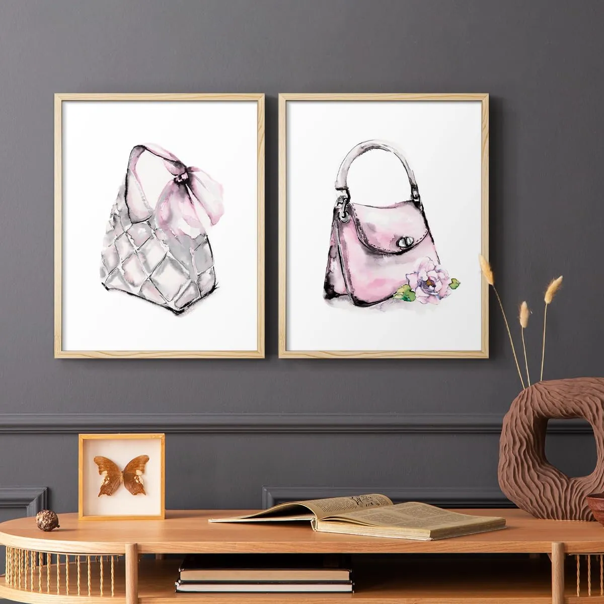 Renditions Gallery Set of 2 Peel & Stick Framed Prints, Watercolor Abstract Wall Art, Unique Fashion Princess Handbag Wall Decor, Re-Stickable - Ready to Hang - 8"x10" - NATURAL WOOD Frame LT590