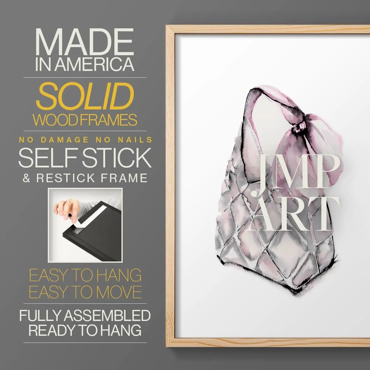 Renditions Gallery Set of 2 Peel & Stick Framed Prints, Watercolor Abstract Wall Art, Unique Fashion Princess Handbag Wall Decor, Re-Stickable - Ready to Hang - 8"x10" - NATURAL WOOD Frame LT590