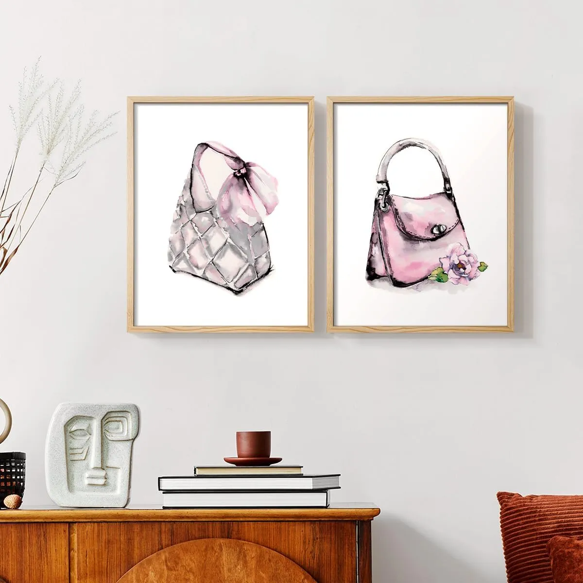 Renditions Gallery Set of 2 Peel & Stick Framed Prints, Watercolor Abstract Wall Art, Unique Fashion Princess Handbag Wall Decor, Re-Stickable - Ready to Hang - 8"x10" - NATURAL WOOD Frame LT590